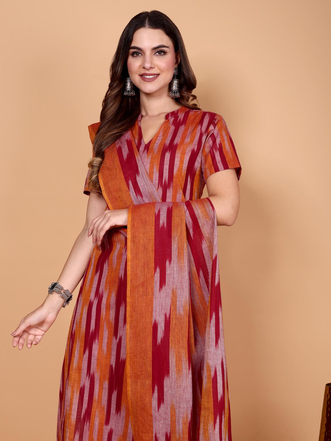 Kalki ( maroon ) - ikat handloom cotton suit set with dupatta in maroon &amp; rust orange