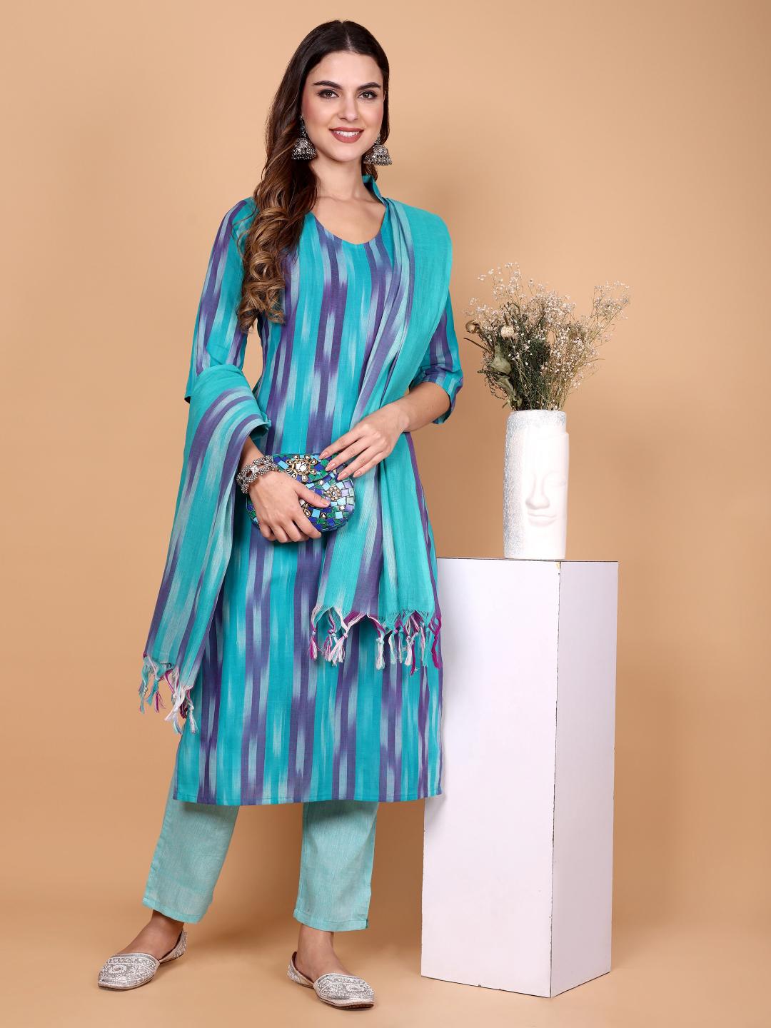 Kalki ( blue ) - ikat handloom cotton suit set with dupatta in blue