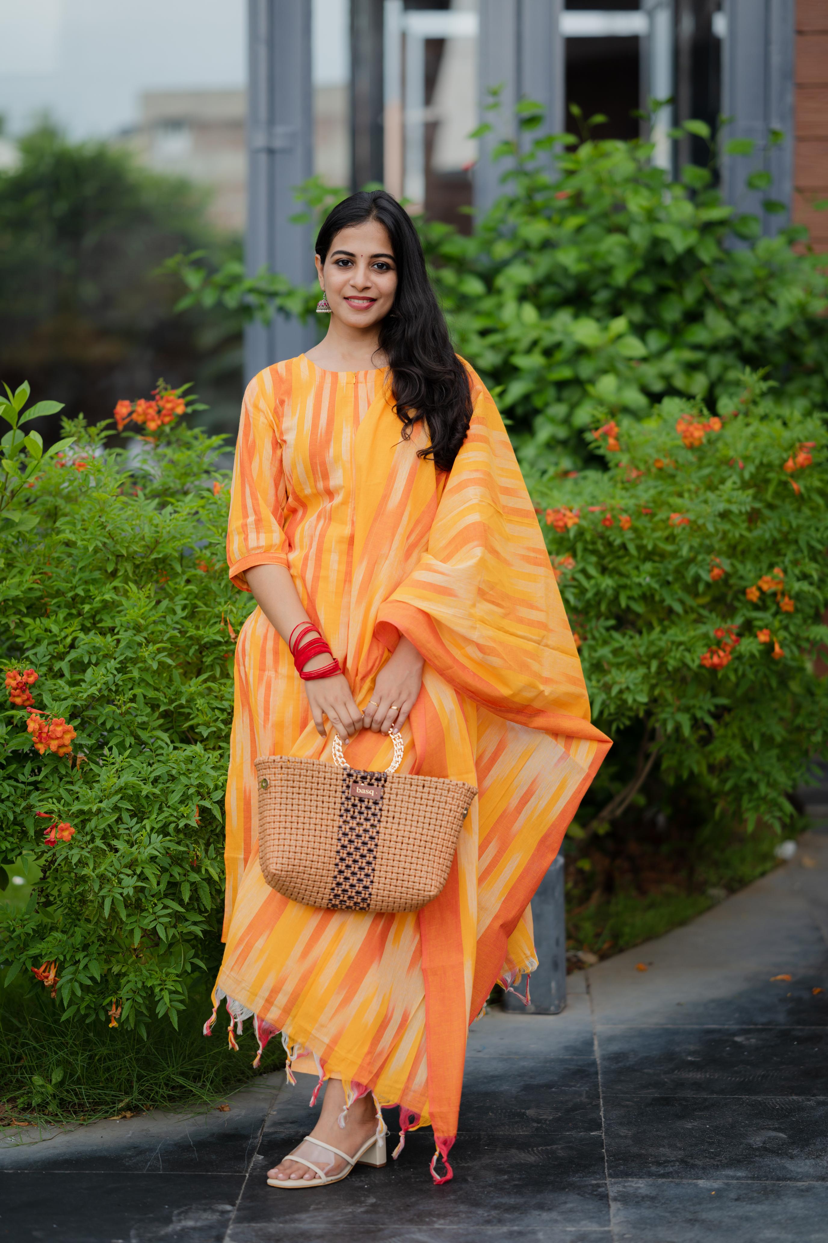 Kalki ( orange ) - ikat handloom cotton suit set with dupatta in orange & yellow