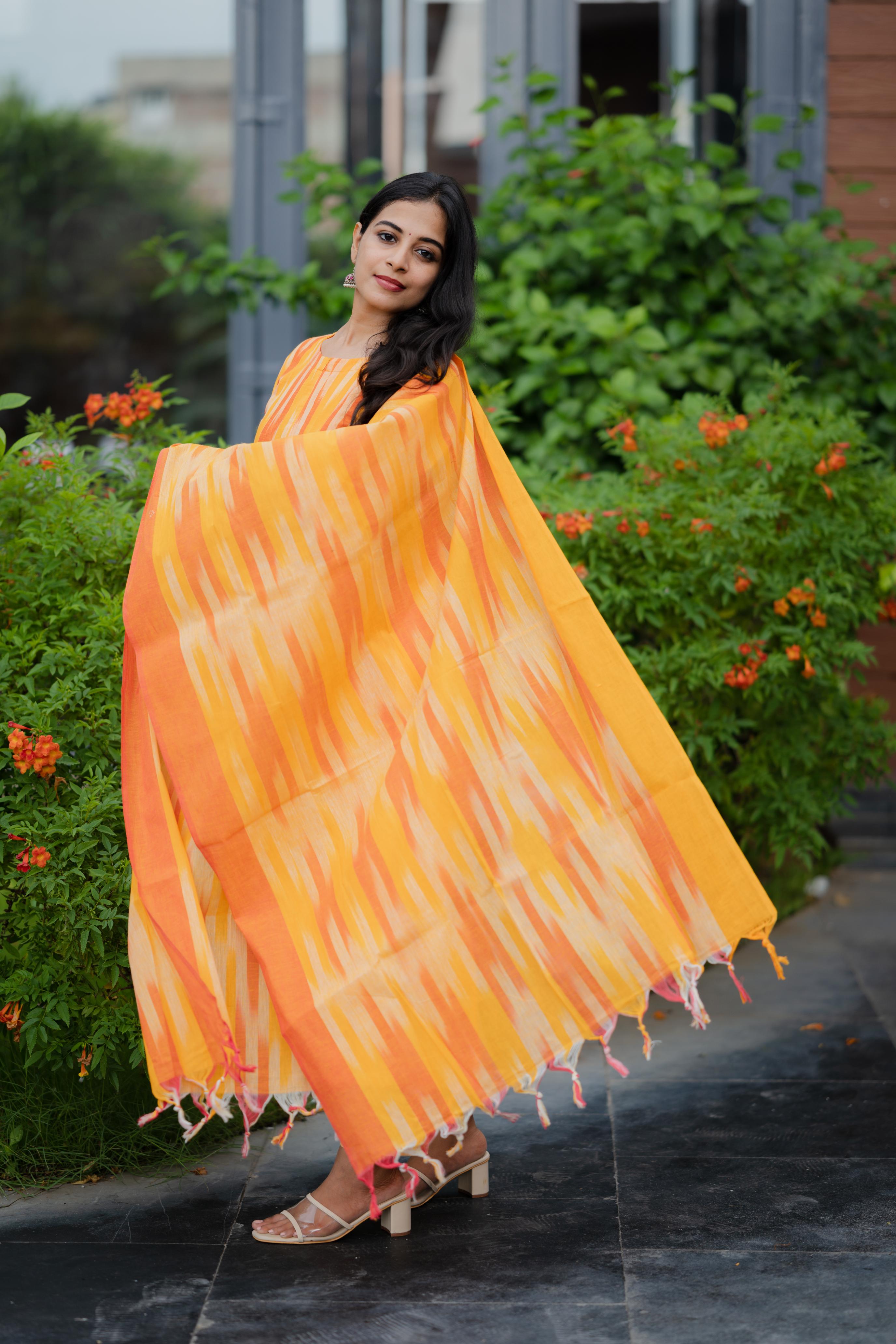 Kalki ( orange ) - ikat handloom cotton suit set with dupatta in orange & yellow