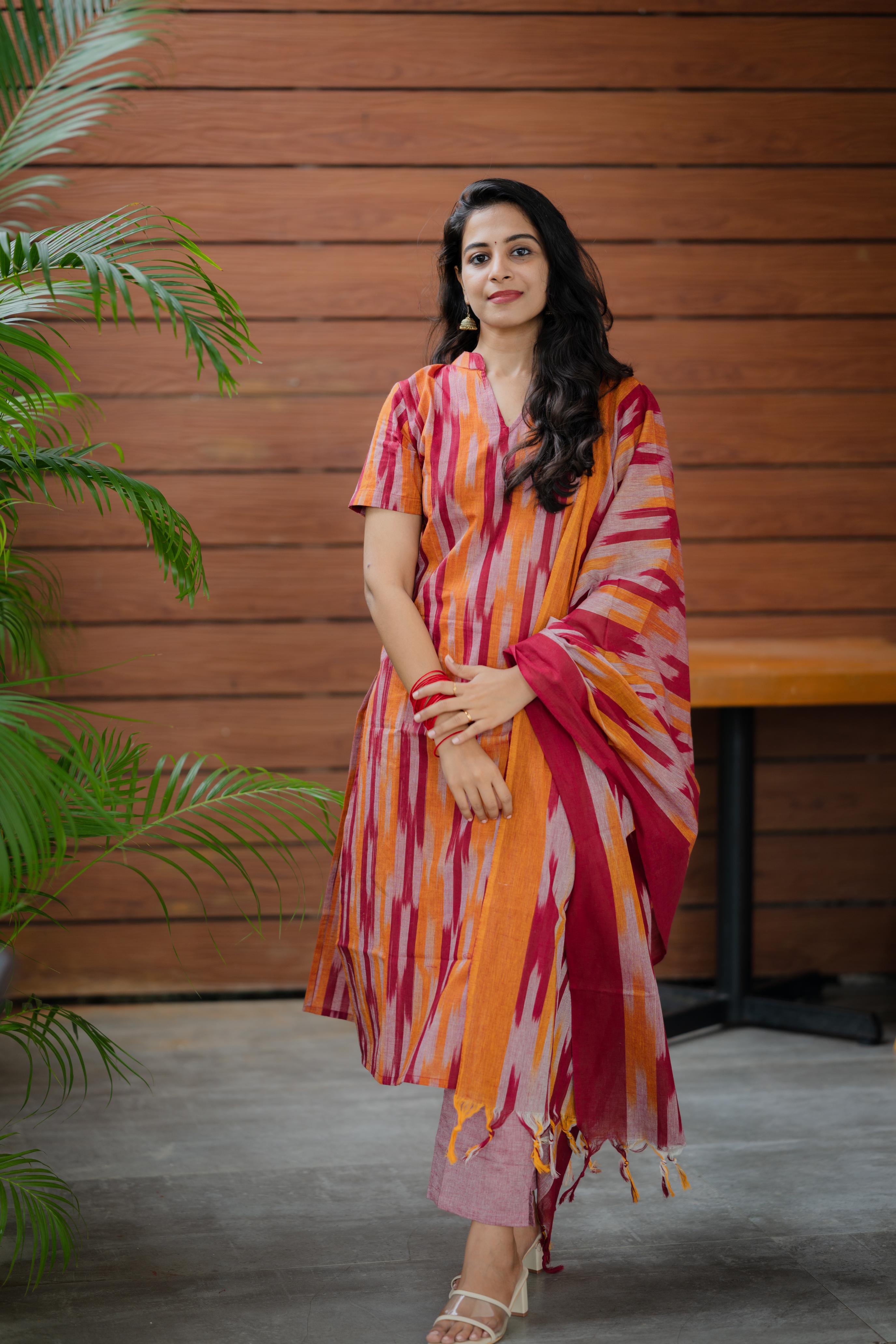 Kalki ( maroon ) - ikat handloom cotton suit set with dupatta in maroon &amp; rust orange