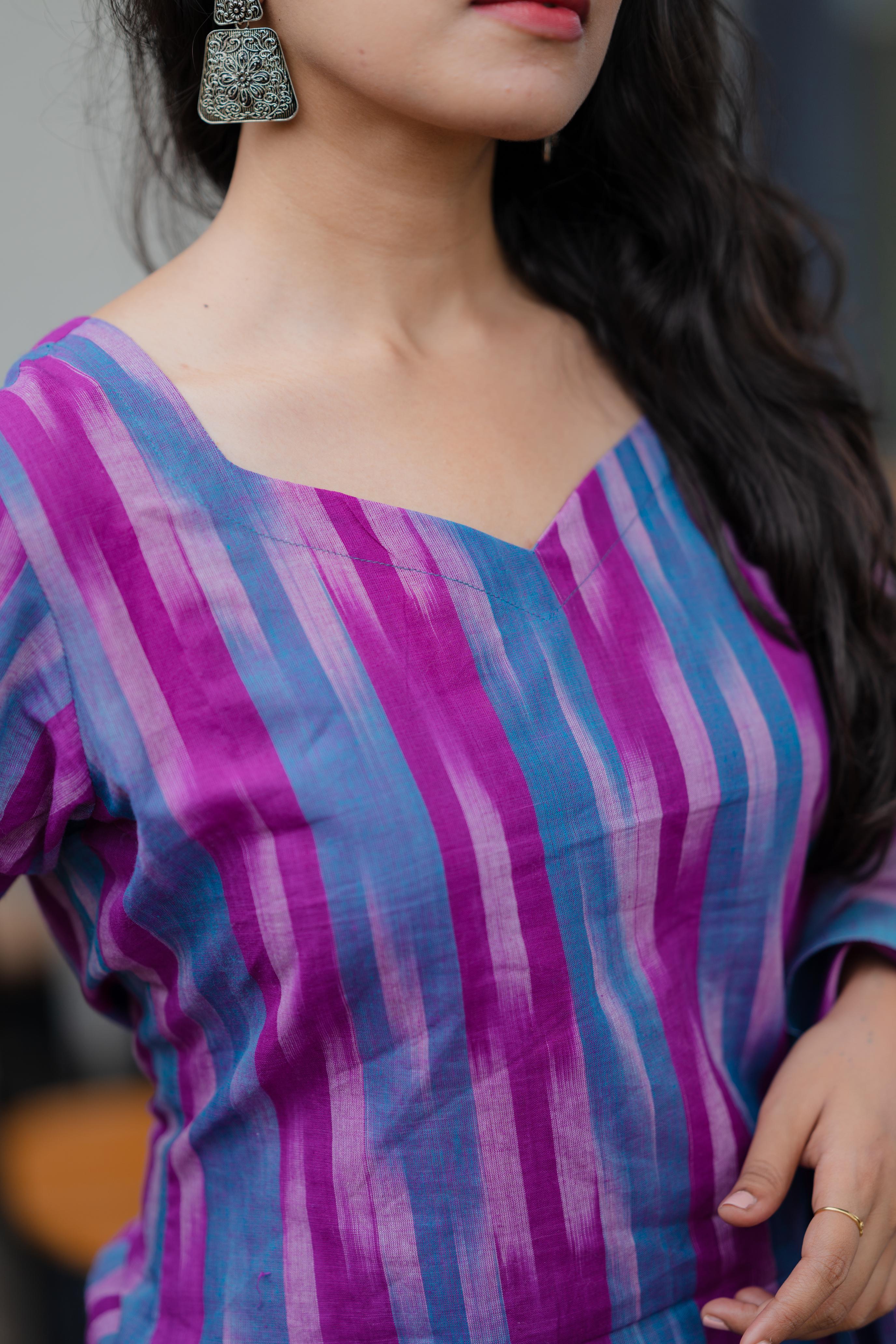 Kalki ( purple ) - ikat handloom cotton suit set with dupatta in purple & blue