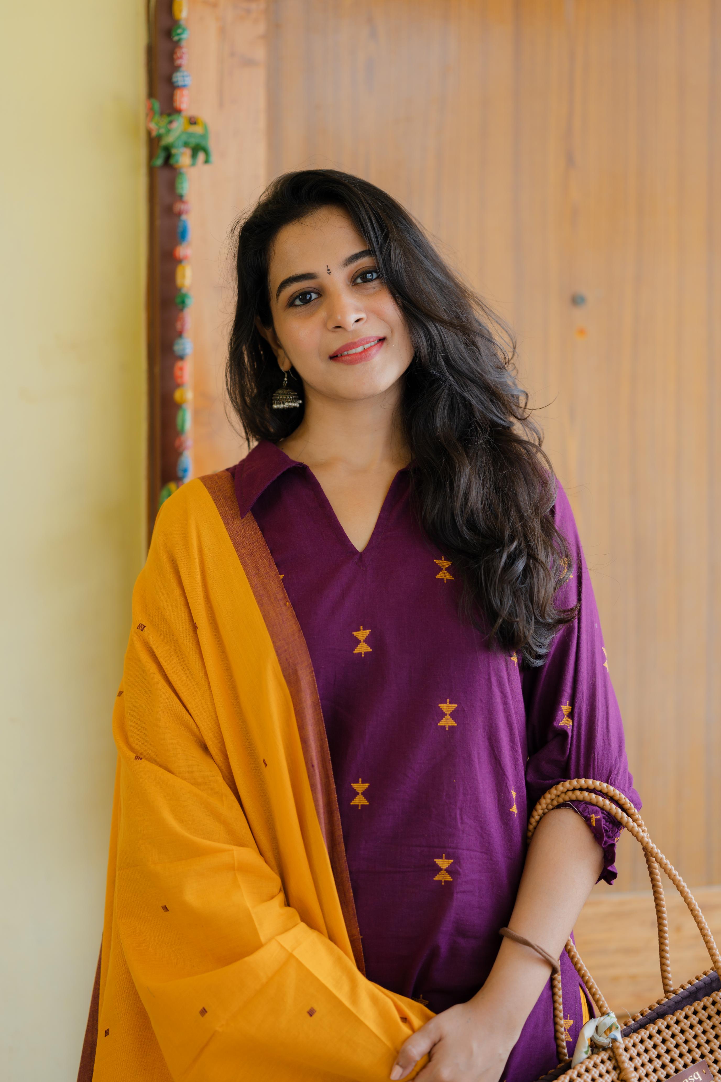 Tharangini - handloom cotton suit set in wine & mango yellow