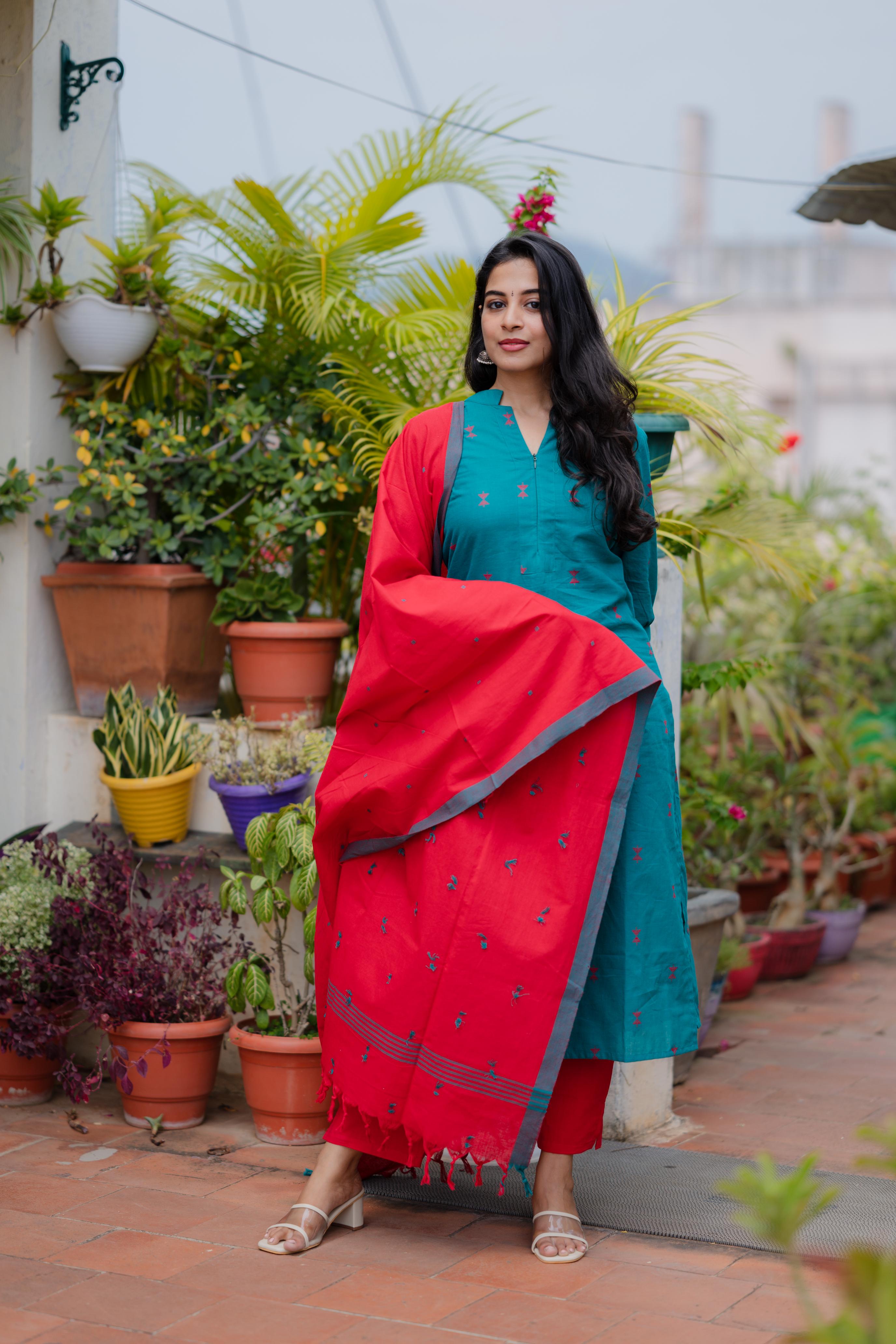 Tharangini - handloom cotton suit set in turquoise blue & red