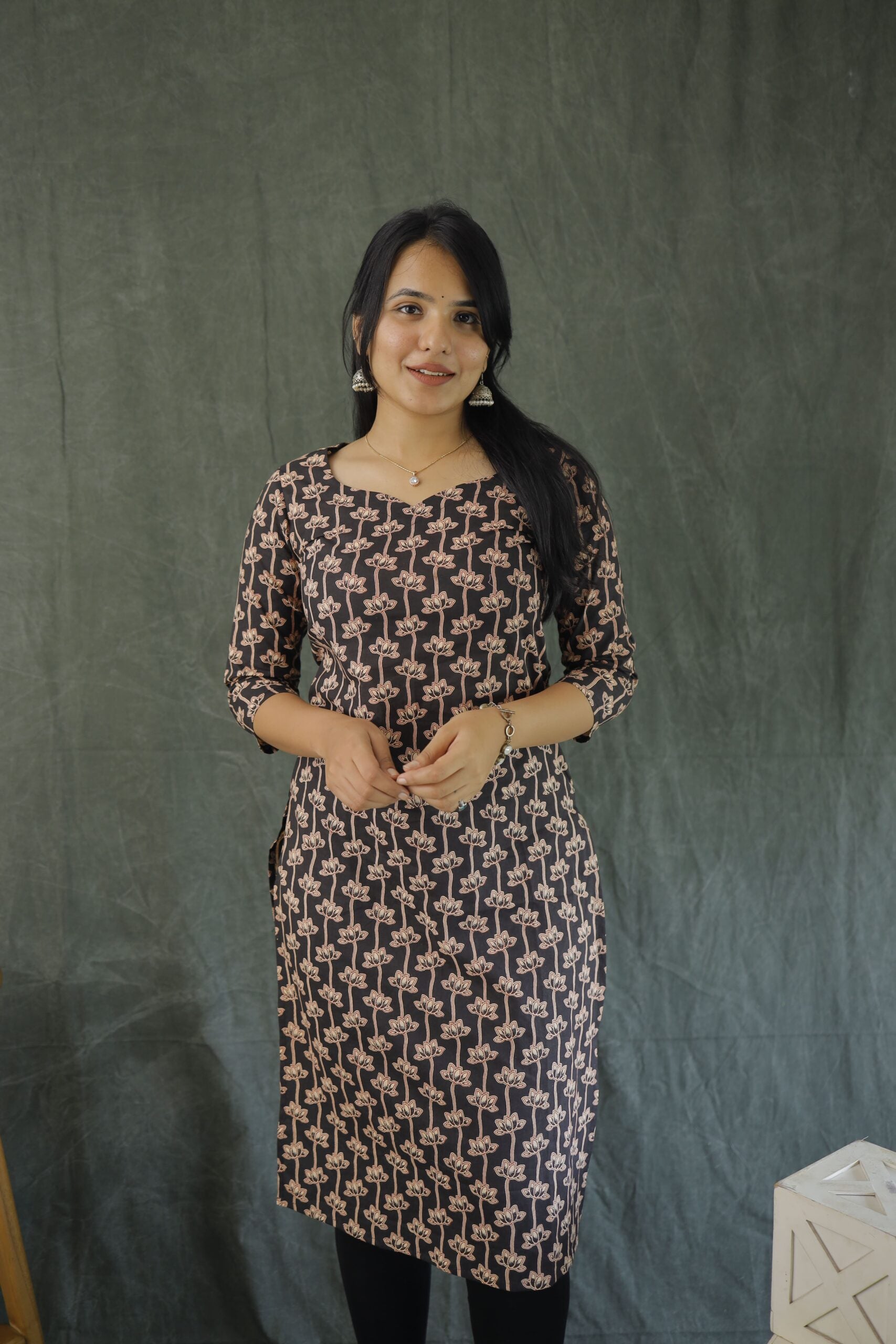 Kurti 76 - Lotus hand block printed kurti in black