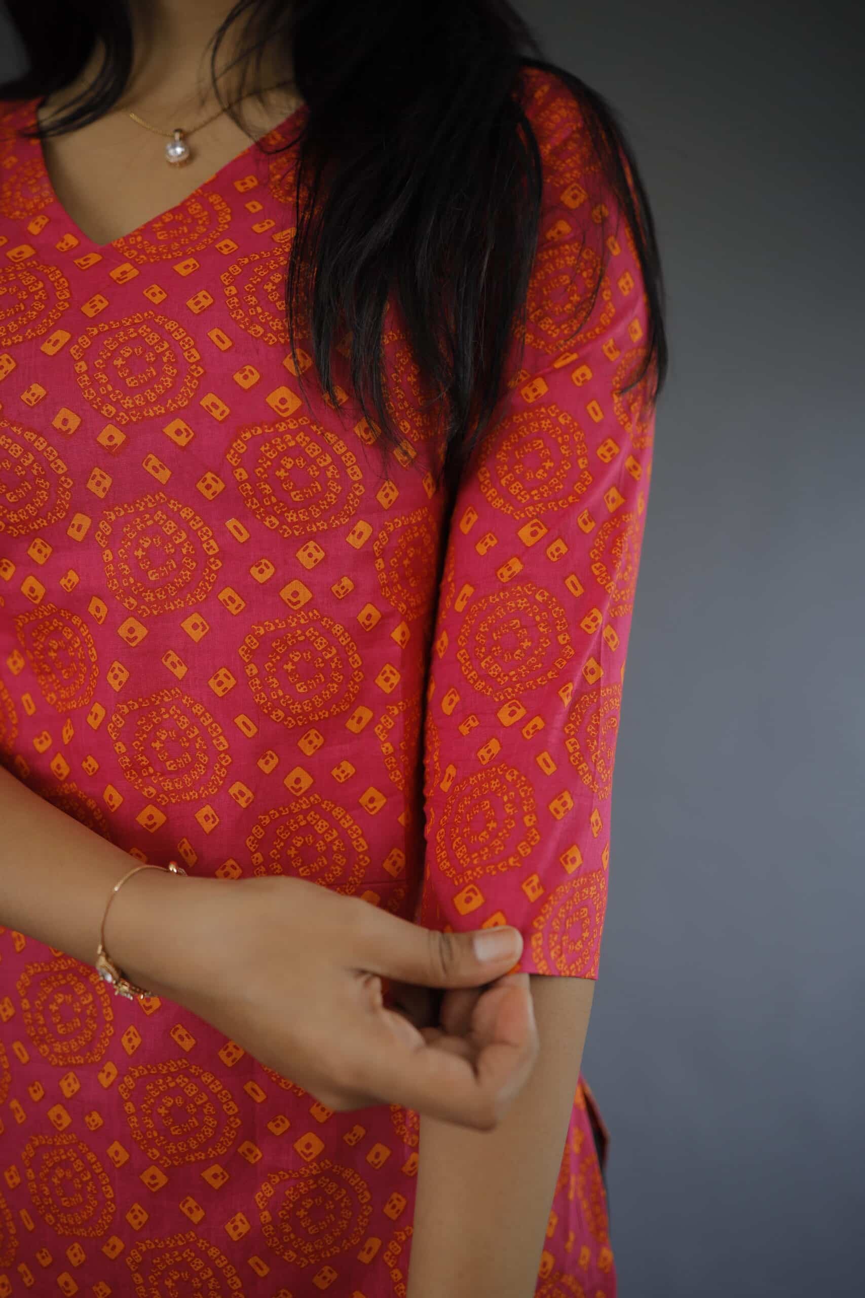 Kurti #69 - bandhani  handblock printed  kurti in pink and orange