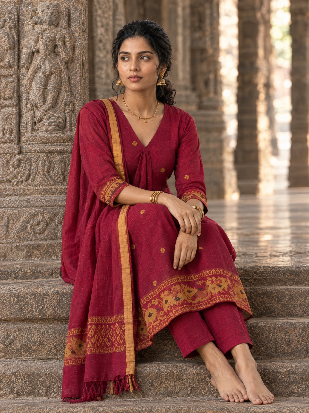 Aazhi – Extra Weave Floral Motif Handloom Cotton Suit Set in Maroon Red