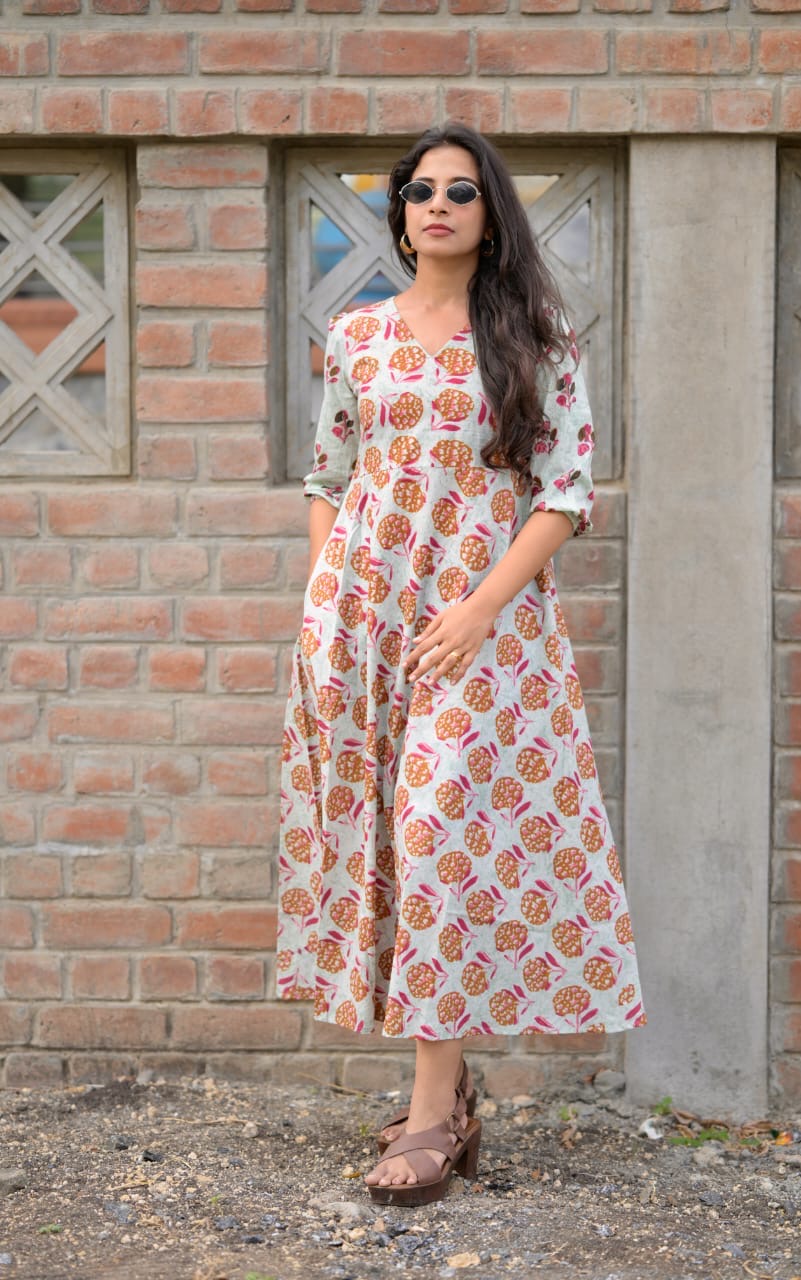 Eira - handblock printed A line cotton dress with pockets vastarathelabel Eira - handblock printed A line cotton dress with pockets vastarathelabel