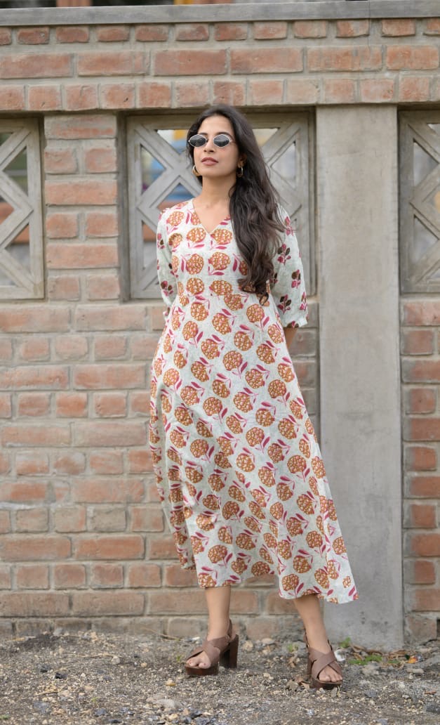 Eira - handblock printed A line cotton dress with pockets vastarathelabel Eira - handblock printed A line cotton dress with pockets vastarathelabel
