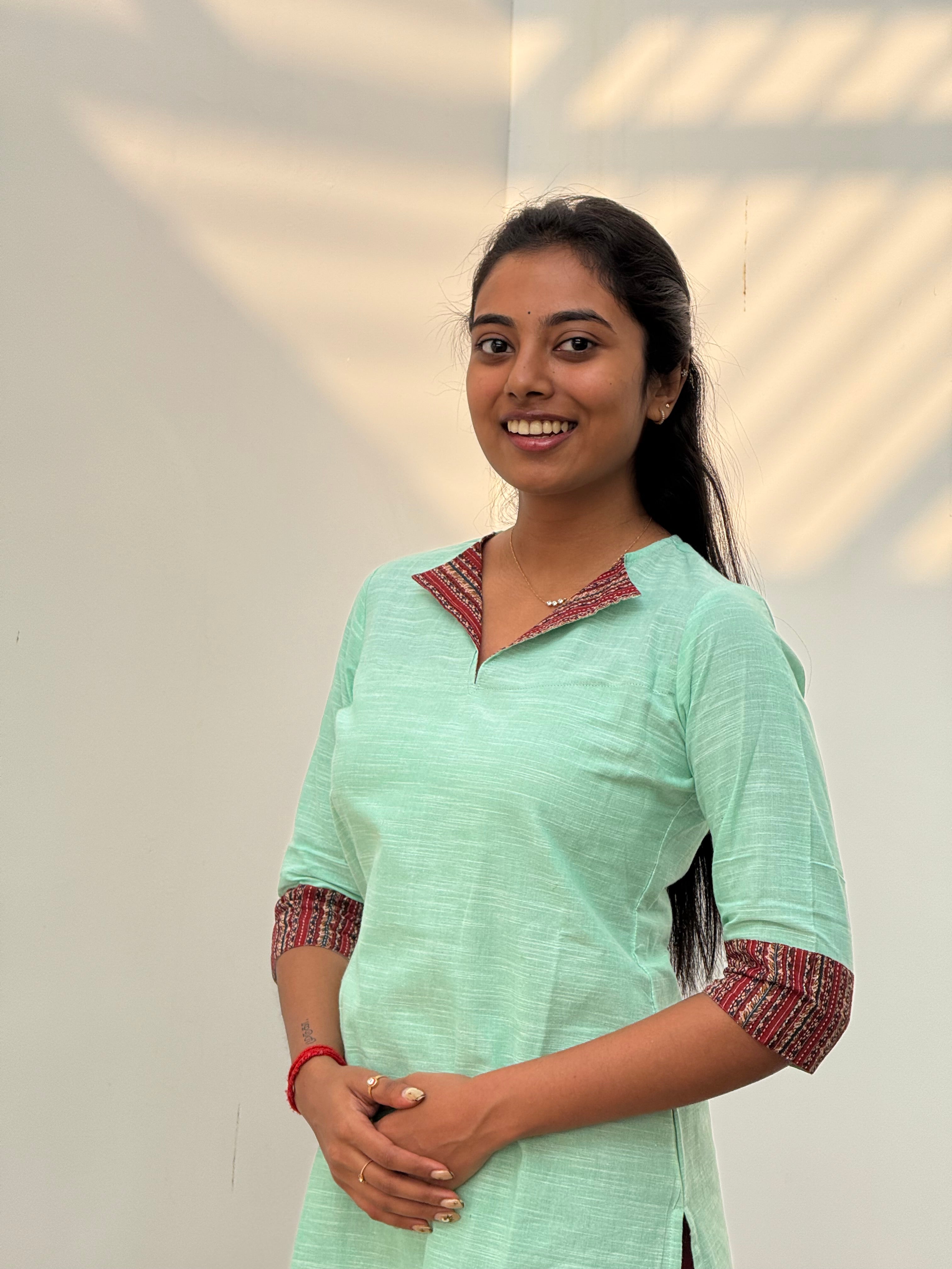 Pattern kurti 50- Handloom cotton kurti in light mint green