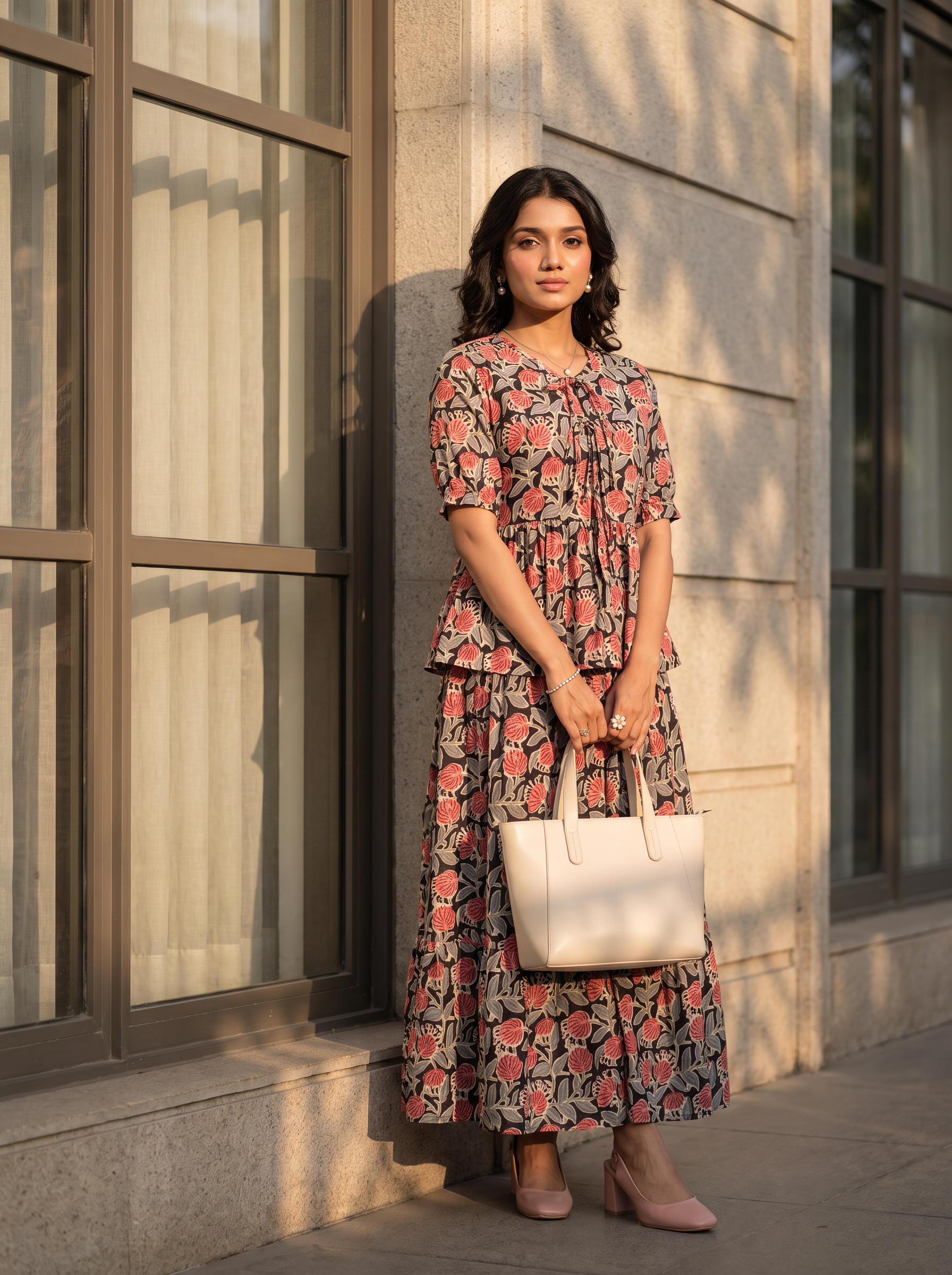 Aarohi ( Peach )  - Floral printed handloom cotton skirt set in Peach