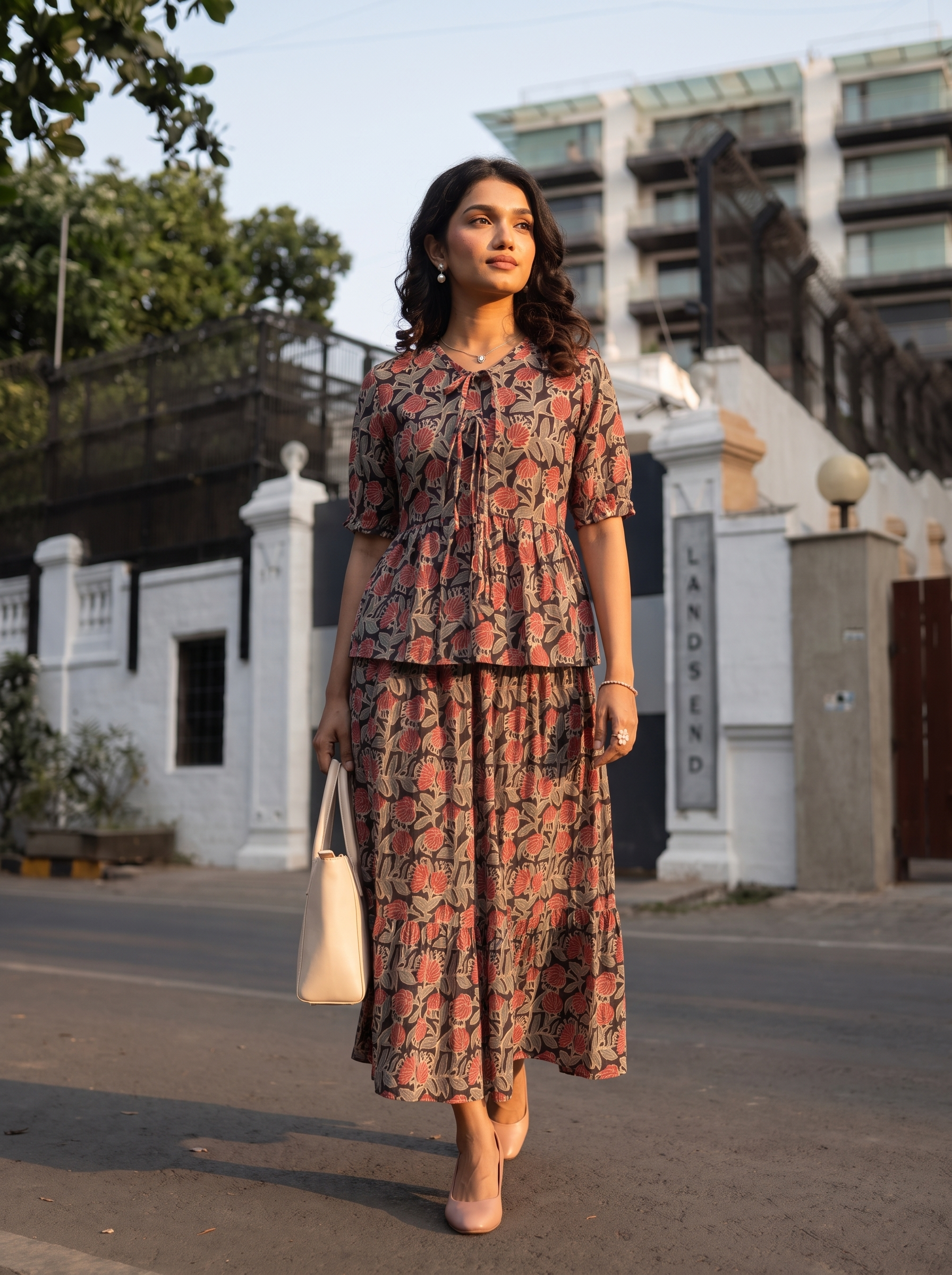 Aarohi ( Peach )  - Floral printed handloom cotton skirt set in Peach
