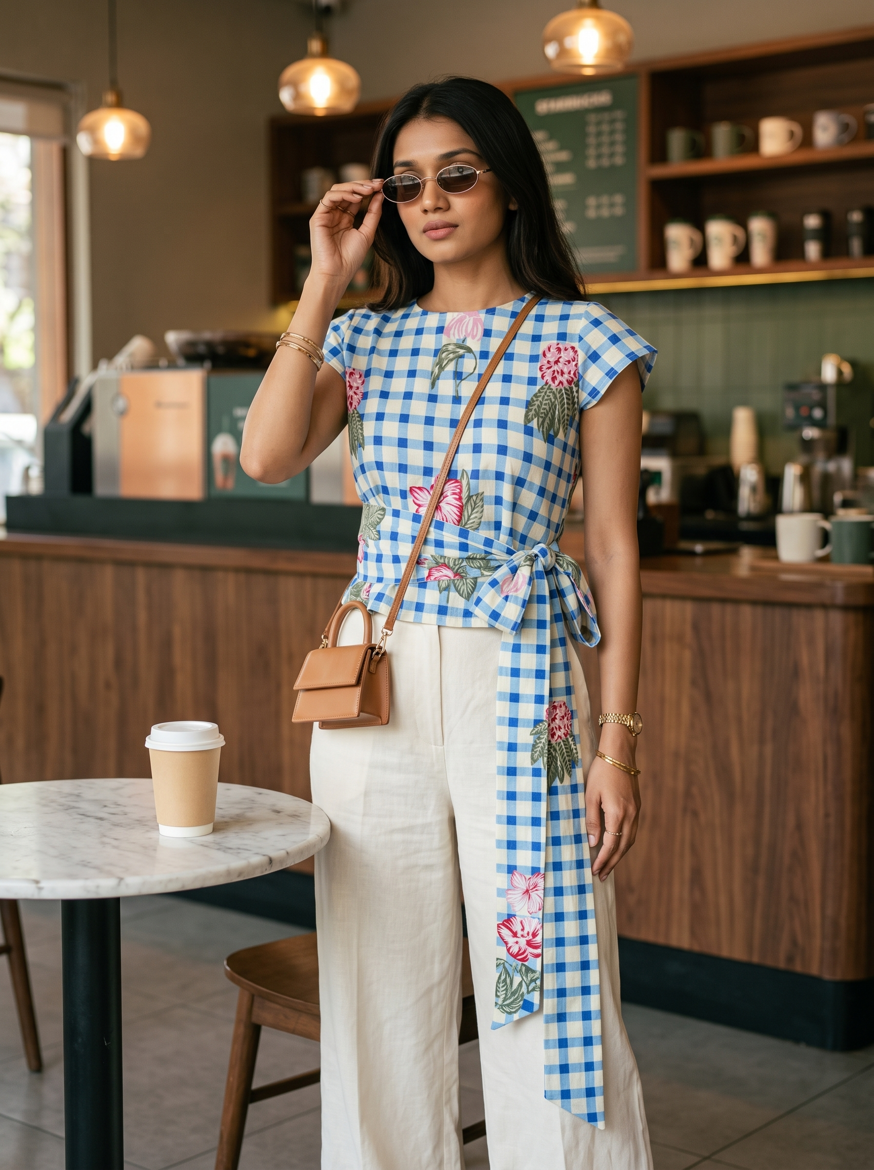 Crop Top #134 – Handloom Organic Cotton Top with Blue Checks & Floral Print in Sky Blue