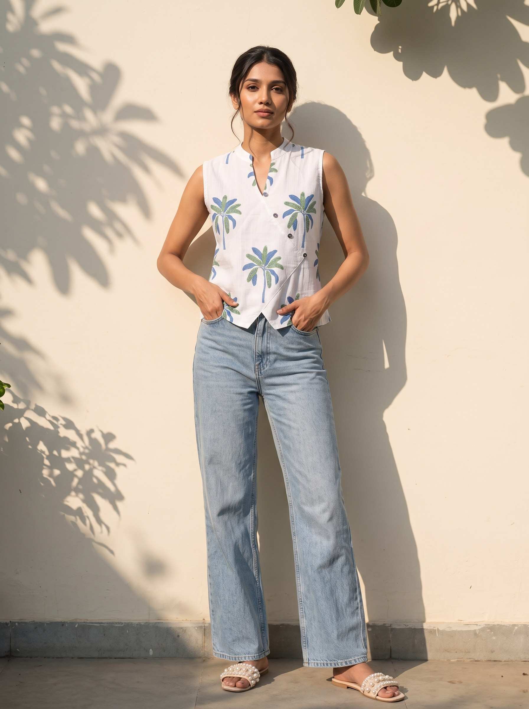 Crop Top #139 – Handloom Organic Cotton Top with Palm Tree Print in Off White
