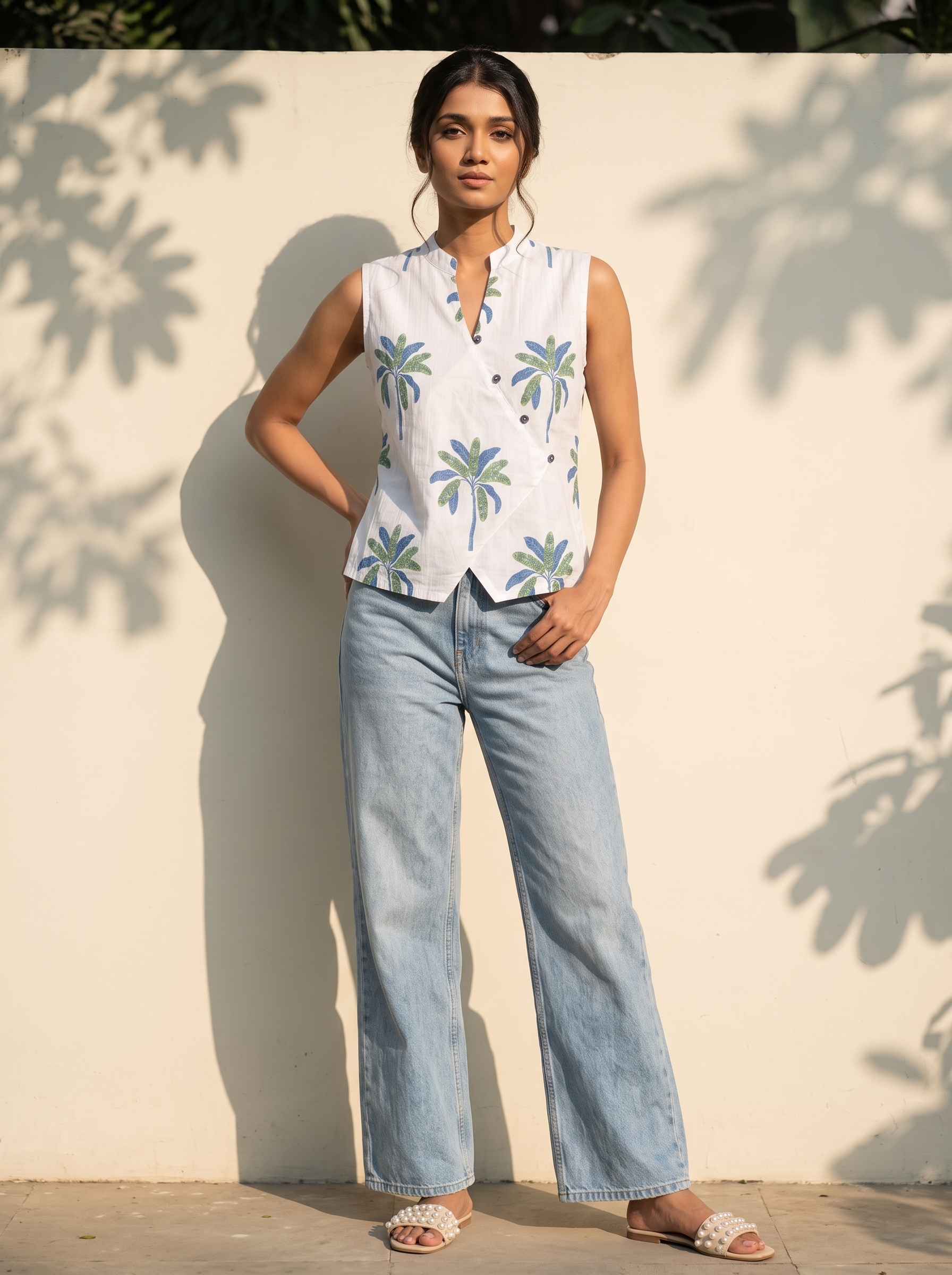 Crop Top #139 – Handloom Organic Cotton Top with Palm Tree Print in Off White