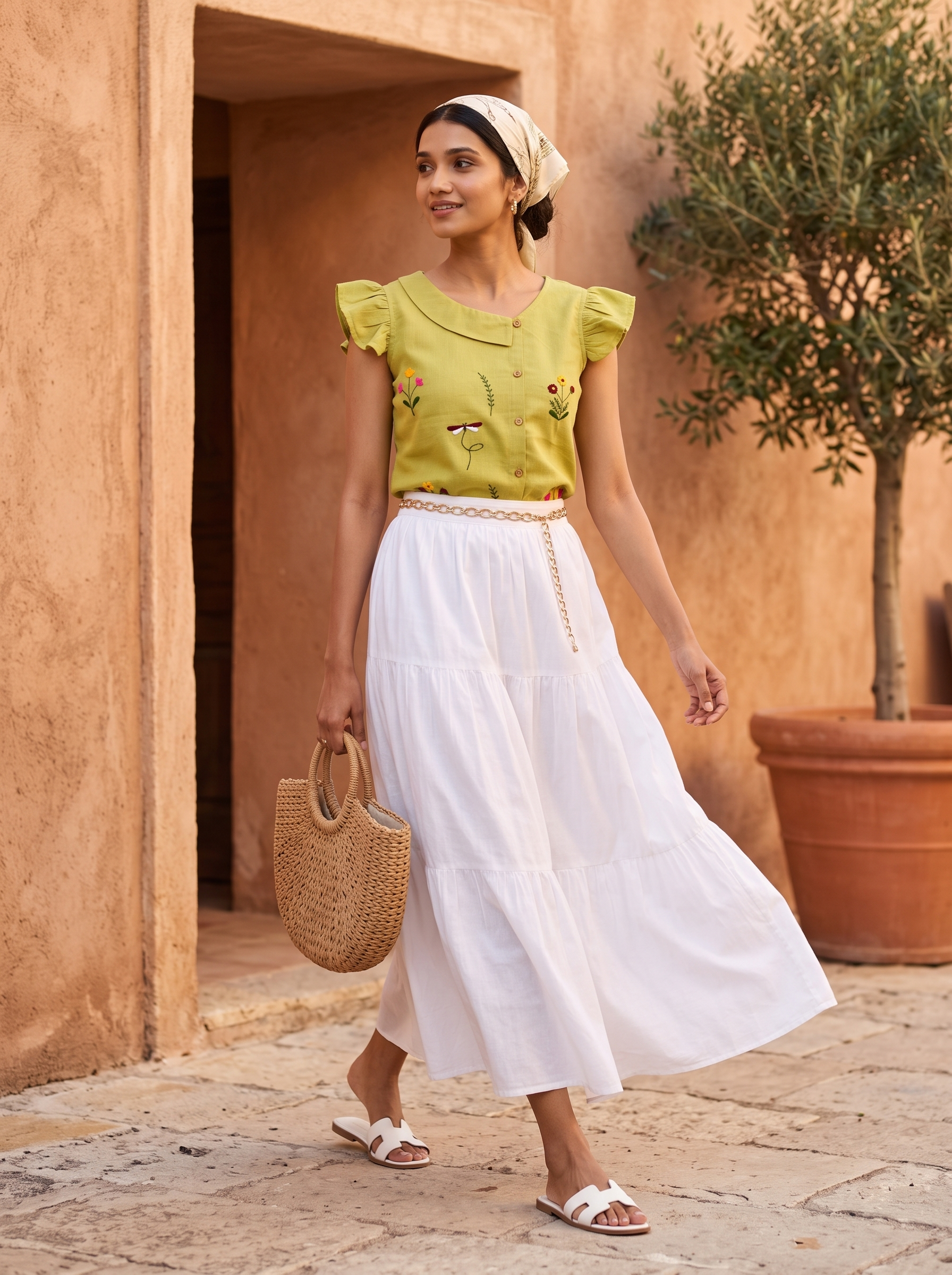 Crop Top #144 – Handloom Organic Cotton Top with Floral Embroidery in Lime Green
