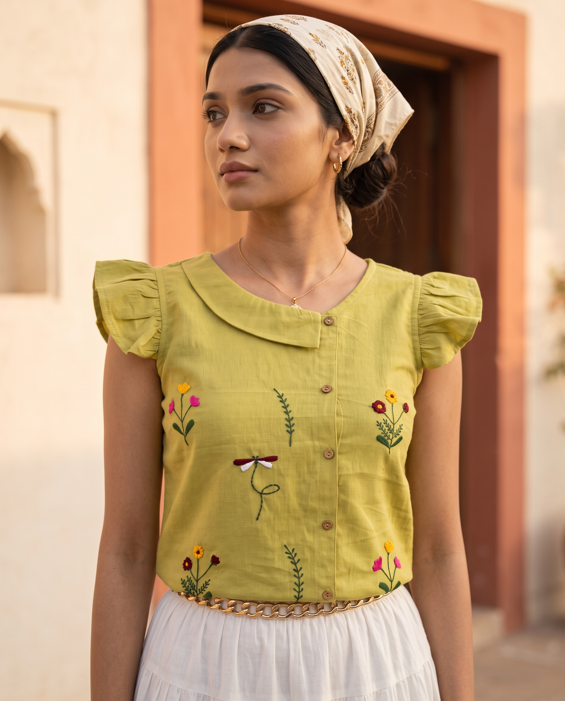 Crop Top #144 – Handloom Organic Cotton Top with Floral Embroidery in Lime Green