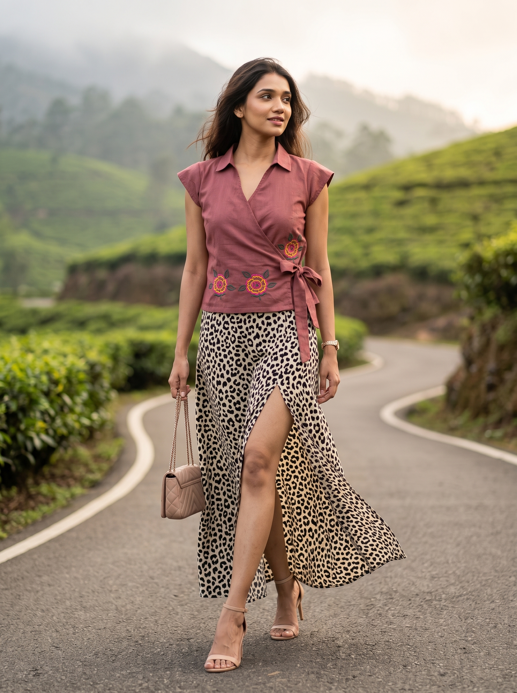 Crop Top #145 – Handloom Organic Cotton Top with Floral Embroidery in Dusty Rose