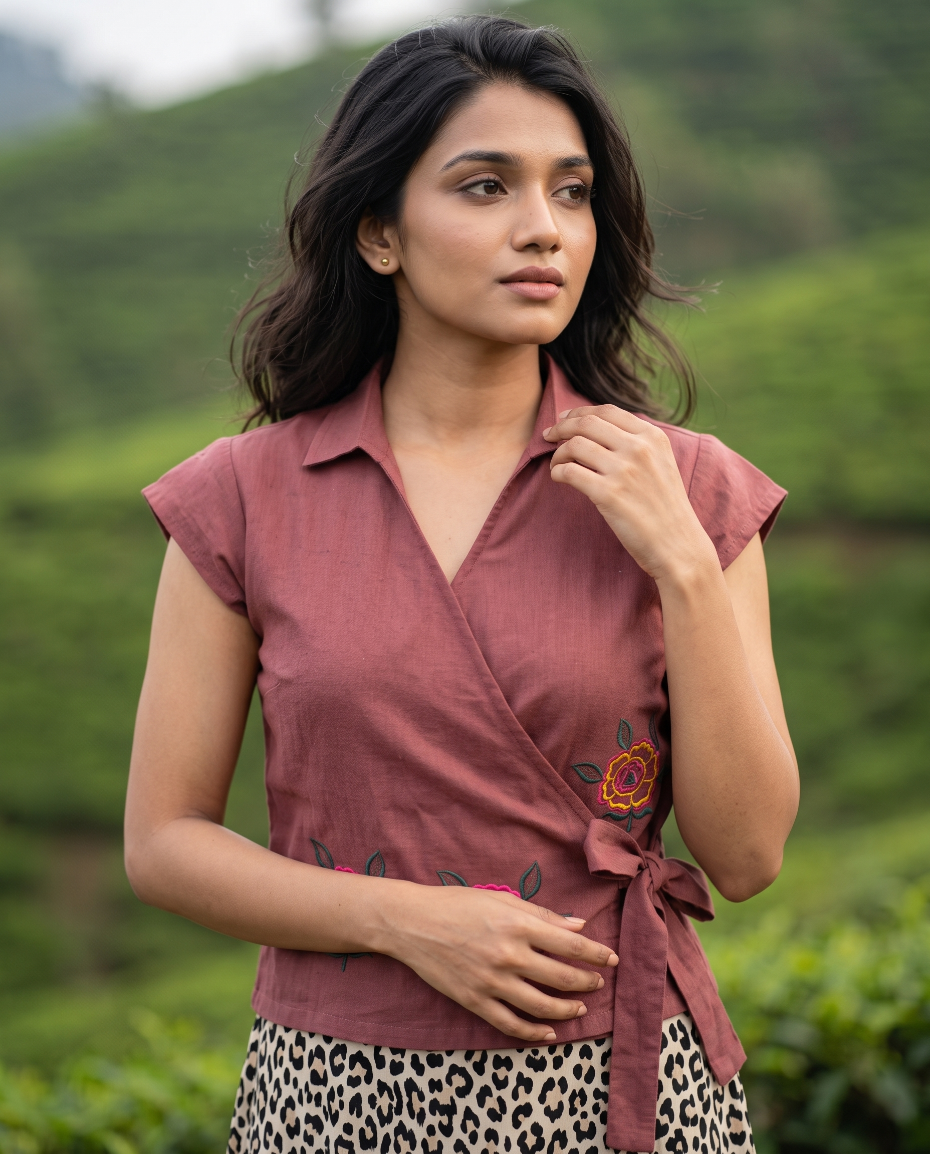 Crop Top #145 – Handloom Organic Cotton Top with Floral Embroidery in Dusty Rose