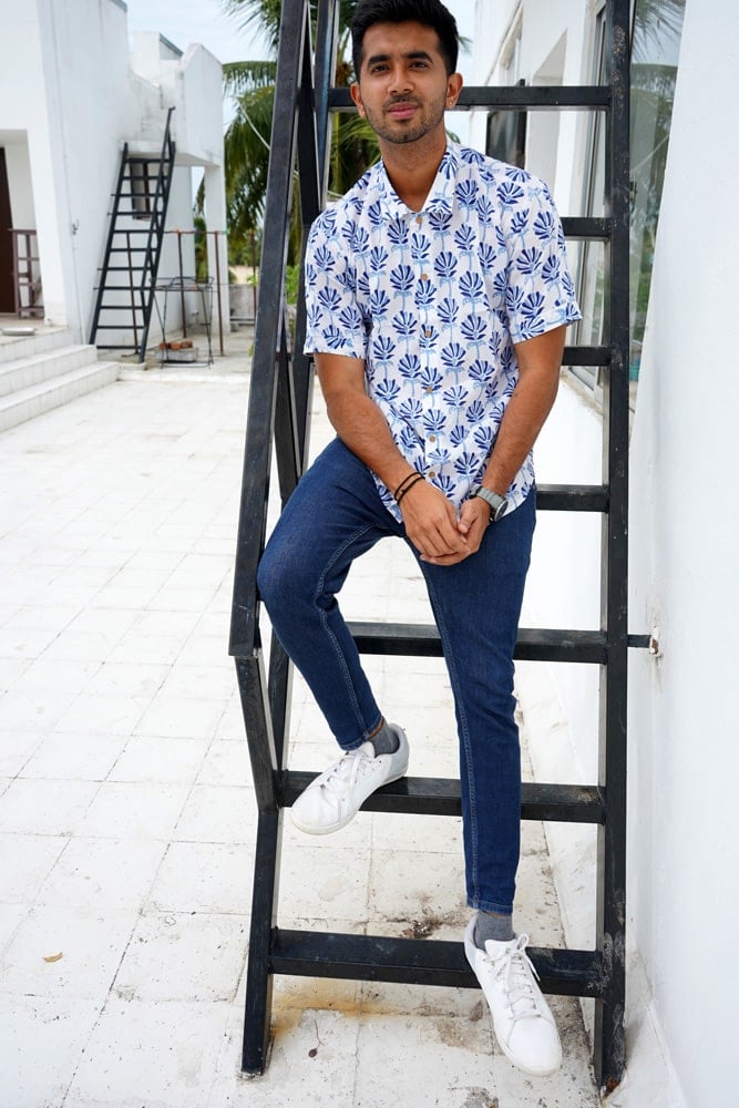 Aman - hand block printed half hand cotton shirt in Indigo blue