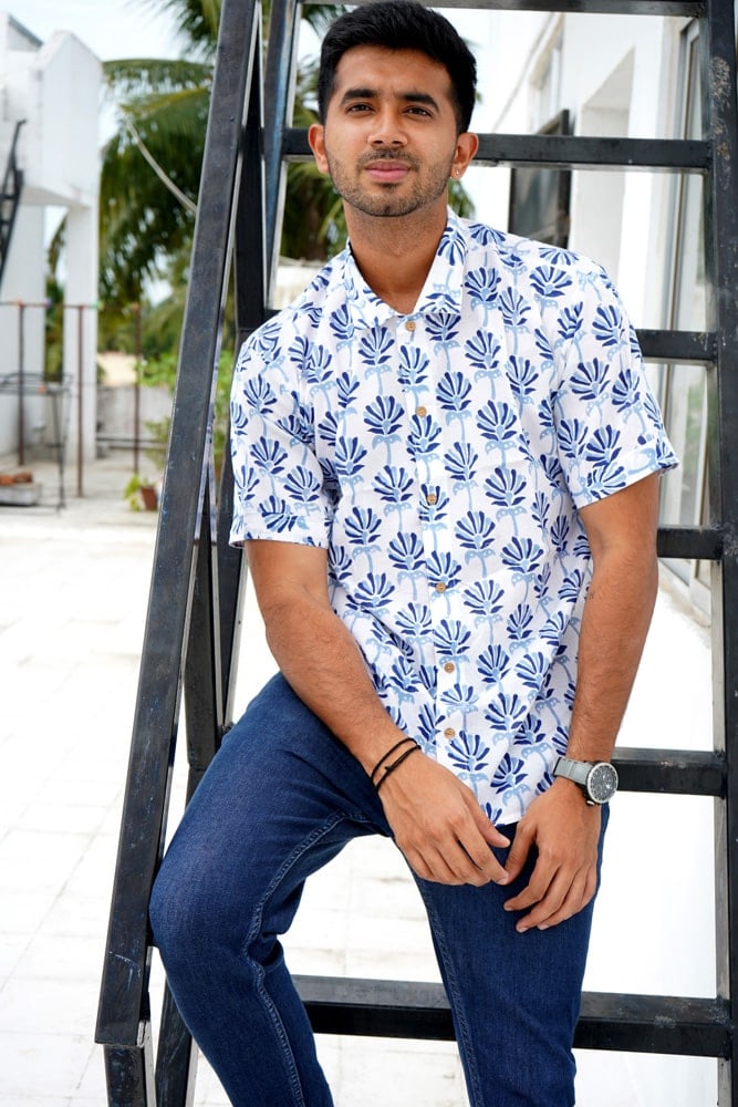 Aman - hand block printed half hand cotton shirt in Indigo blue