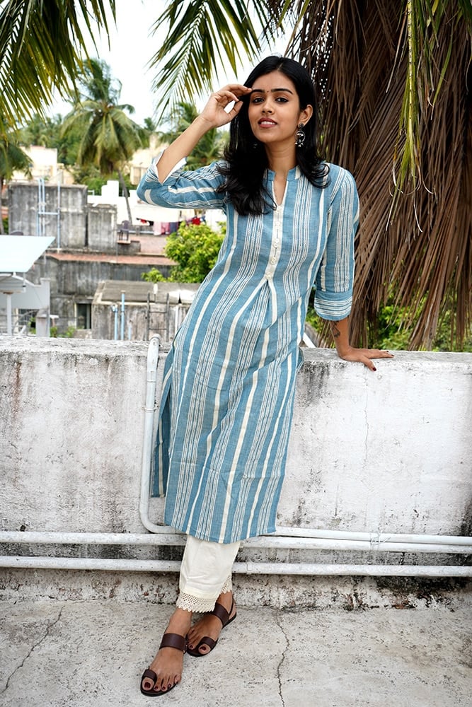 Ivonne -  khadi cotton leno dobby handwoven kurta set in blue