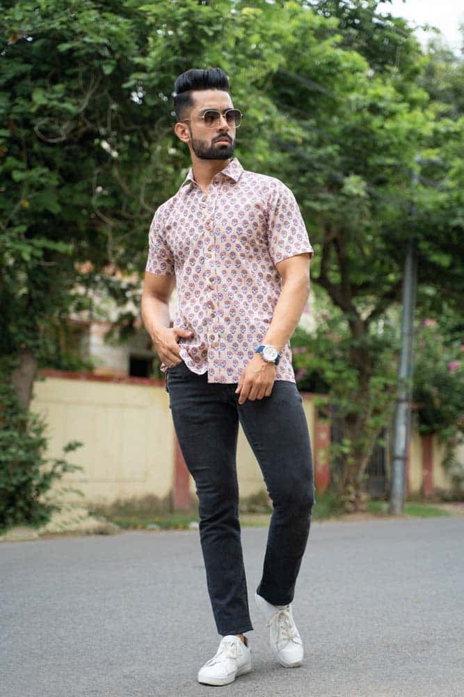 Blush peach floral shirt -  hand block floral printed cotton shirt in peach