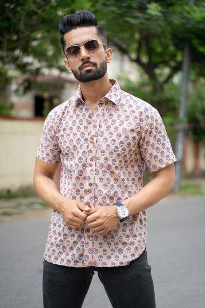 Blush peach floral shirt -  hand block floral printed cotton shirt in peach