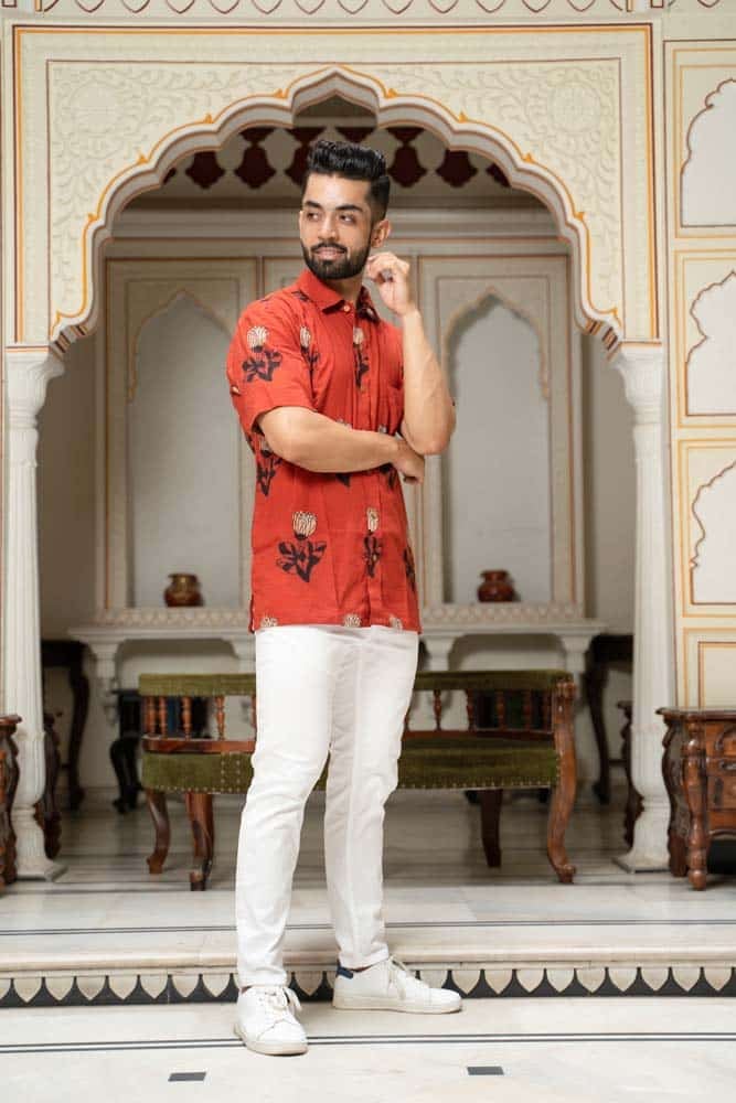 Red ajrakh floral shirt  - handblock floral printed organic cotton shirt in red