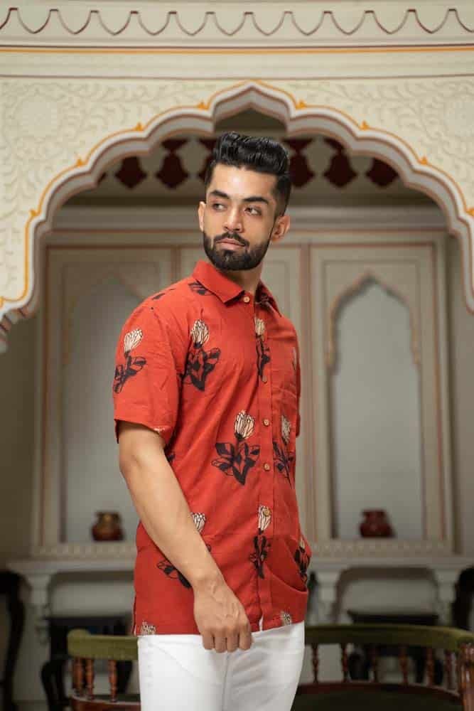 Red ajrakh floral shirt  - handblock floral printed organic cotton shirt in red