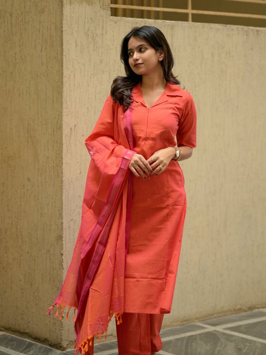 Parvathy ( orange ) - handloom cotton suit set with gold woven buttas in orange & pink