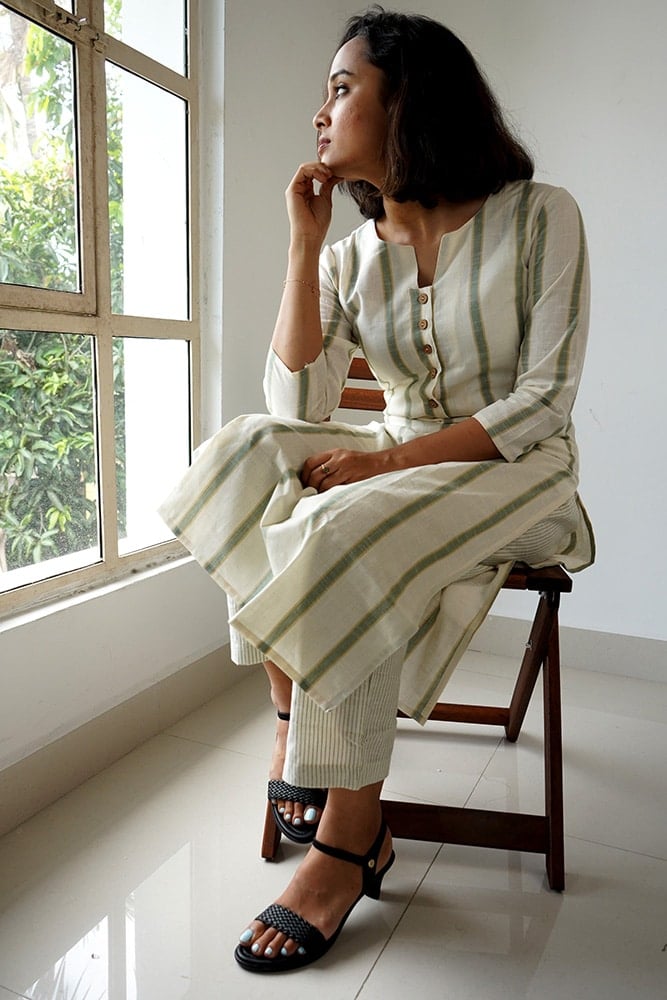 Naisha co -ords - Handloom linen cotton striped kurta set in white