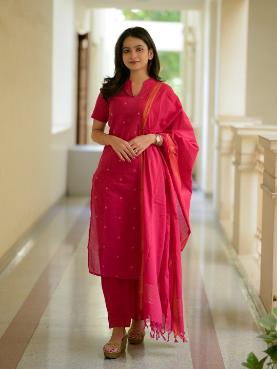 Parvathy ( magenta ) - handloom cotton suit set with gold woven buttas in magenta