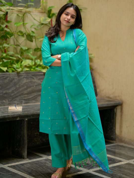 Parvathy ( sea green ) - handloom cotton suit set with gold woven buttas in sea green & blue