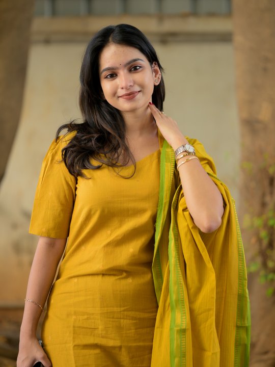 Parvathy ( mustard yellow ) - handloom cotton suit set with gold woven buttas in mustard yellow & green