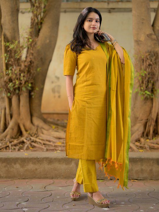 Parvathy ( mustard yellow ) - handloom cotton suit set with gold woven buttas in mustard yellow & green