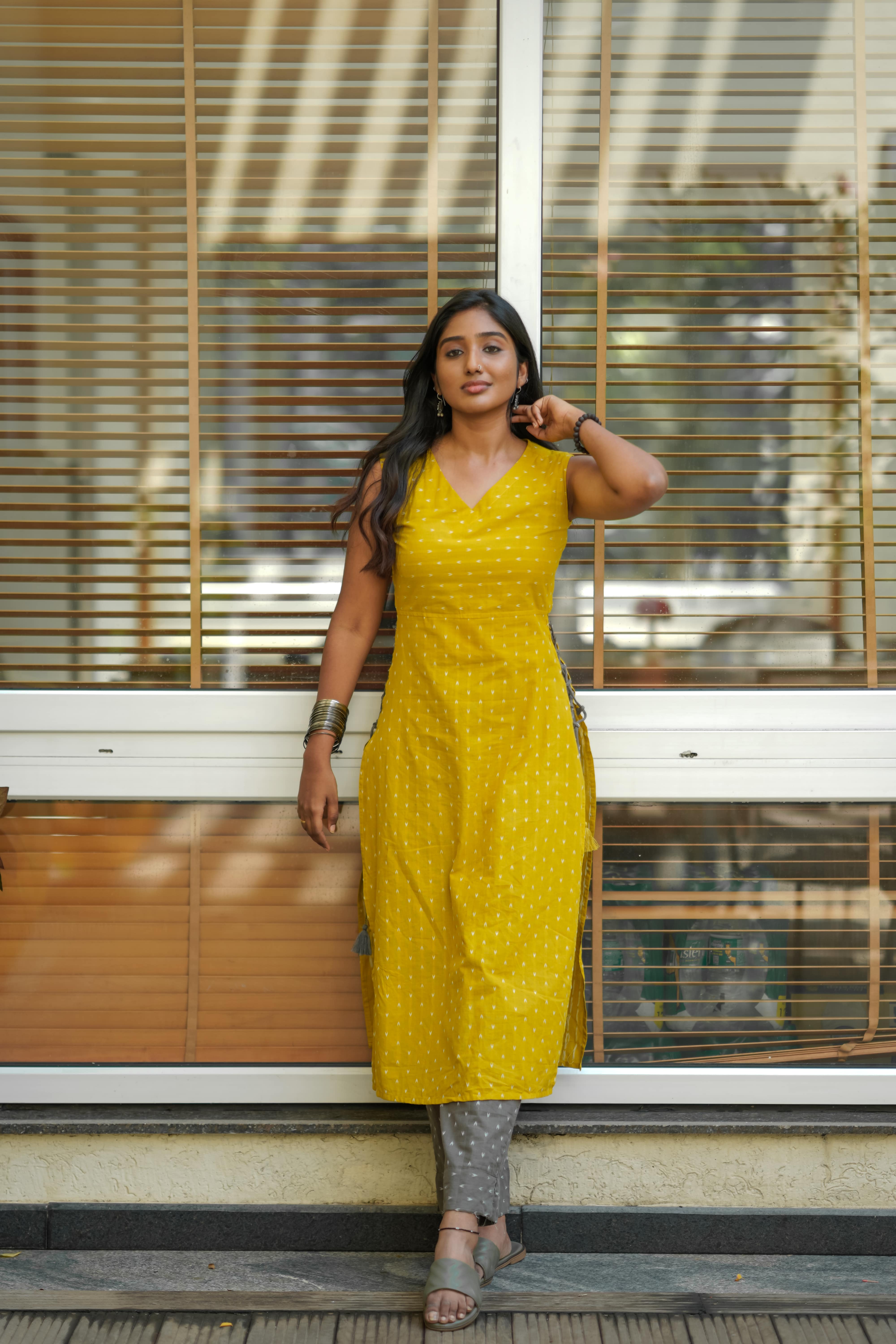 Poorva coords (Yellow grey combo) - Handloom cotton kurta set with handoven buttas and  fancy tassels in yellow and grey