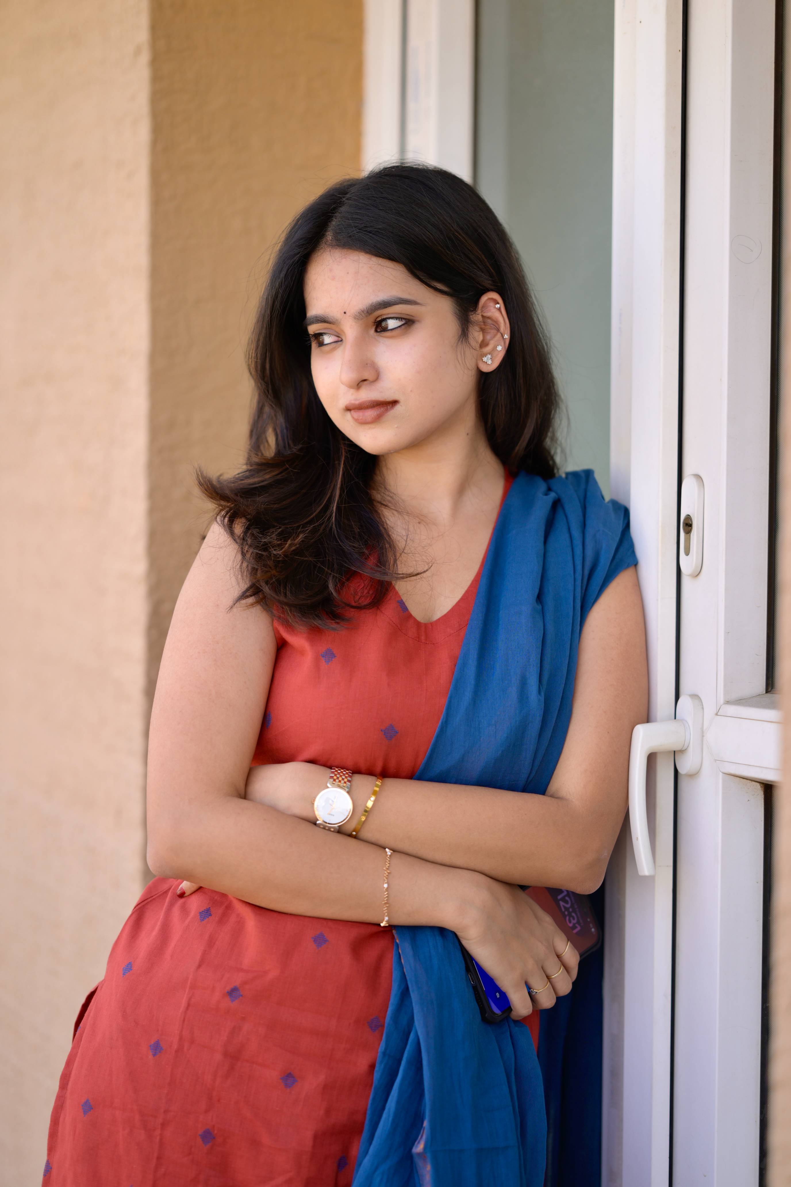 Nithya  -  handloom cotton suit set in rust red and pepsi blue with kota silk dupatta