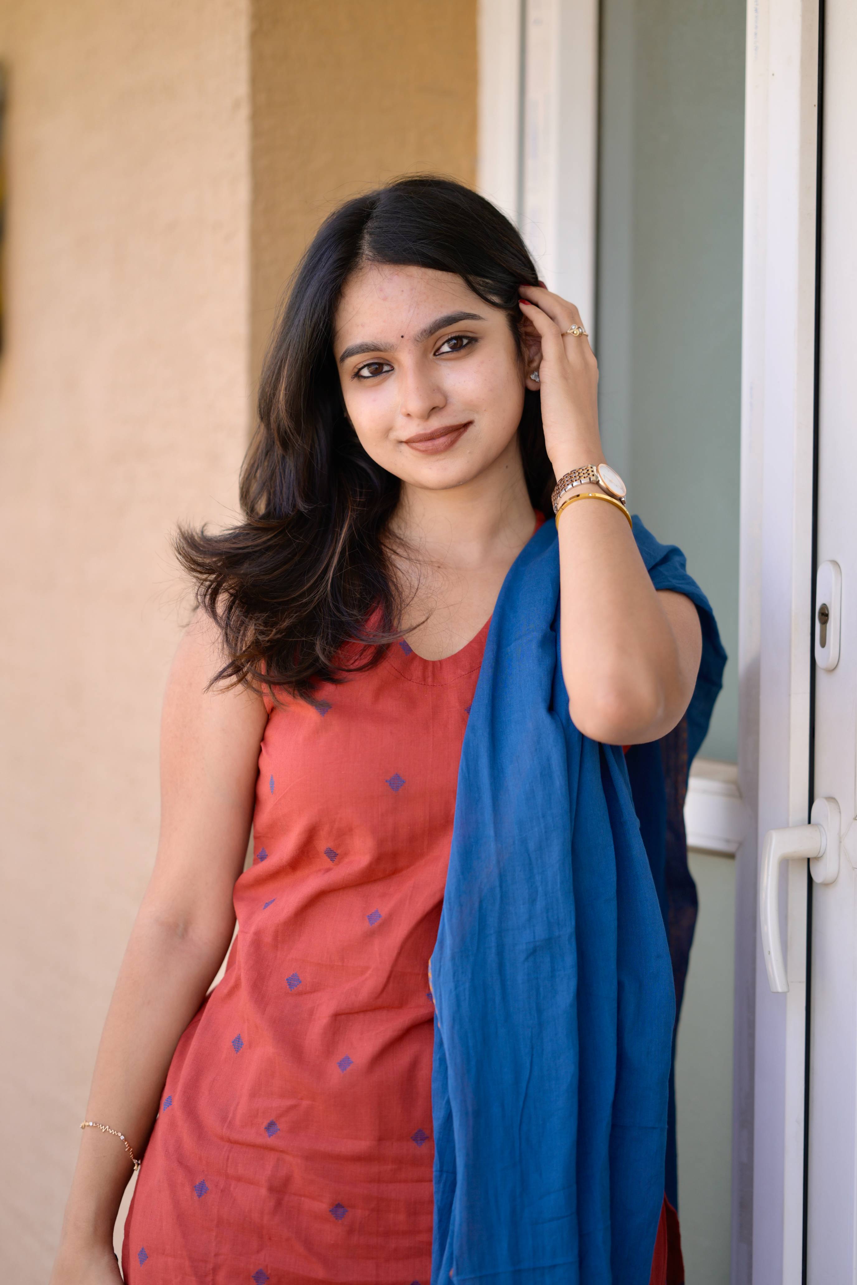 Nithya  -  handloom cotton suit set in rust red and pepsi blue with kota silk dupatta