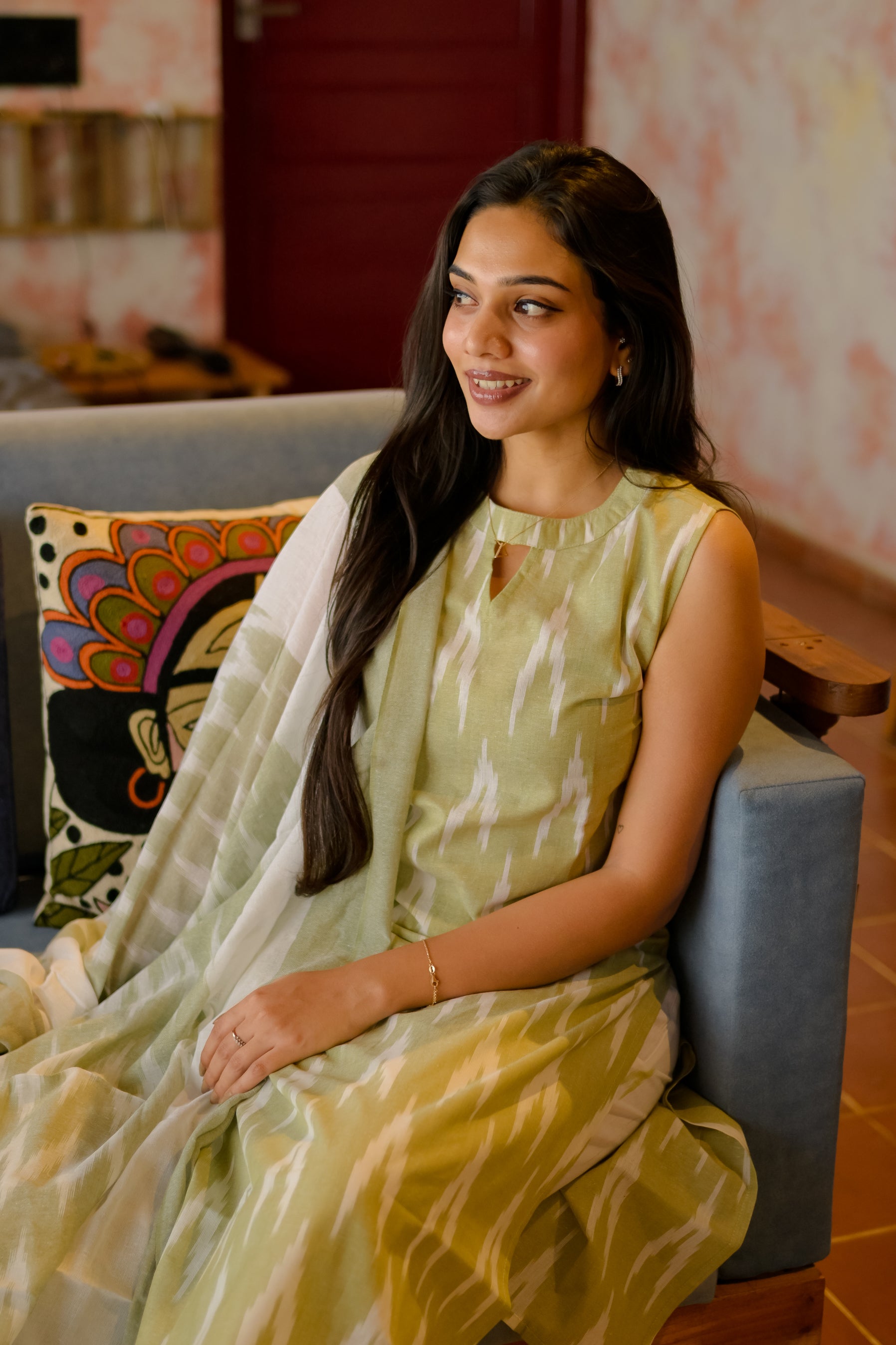 Kani (Green) - Handloom cotton kurta set with dupatta in pistachio green and white