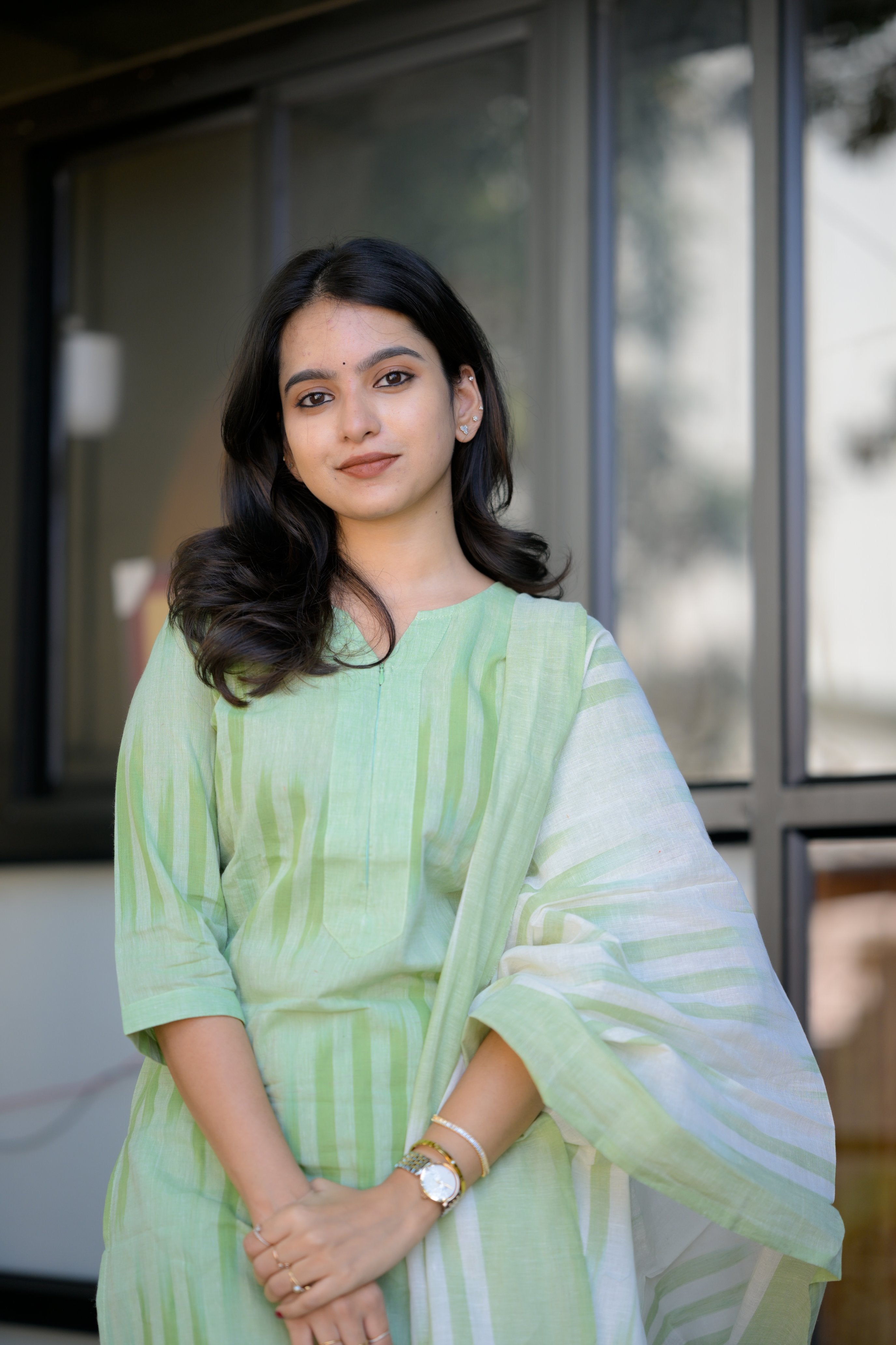 Thendral ( Green ) - ikkat handloom cotton suit set with dupatta in green colour