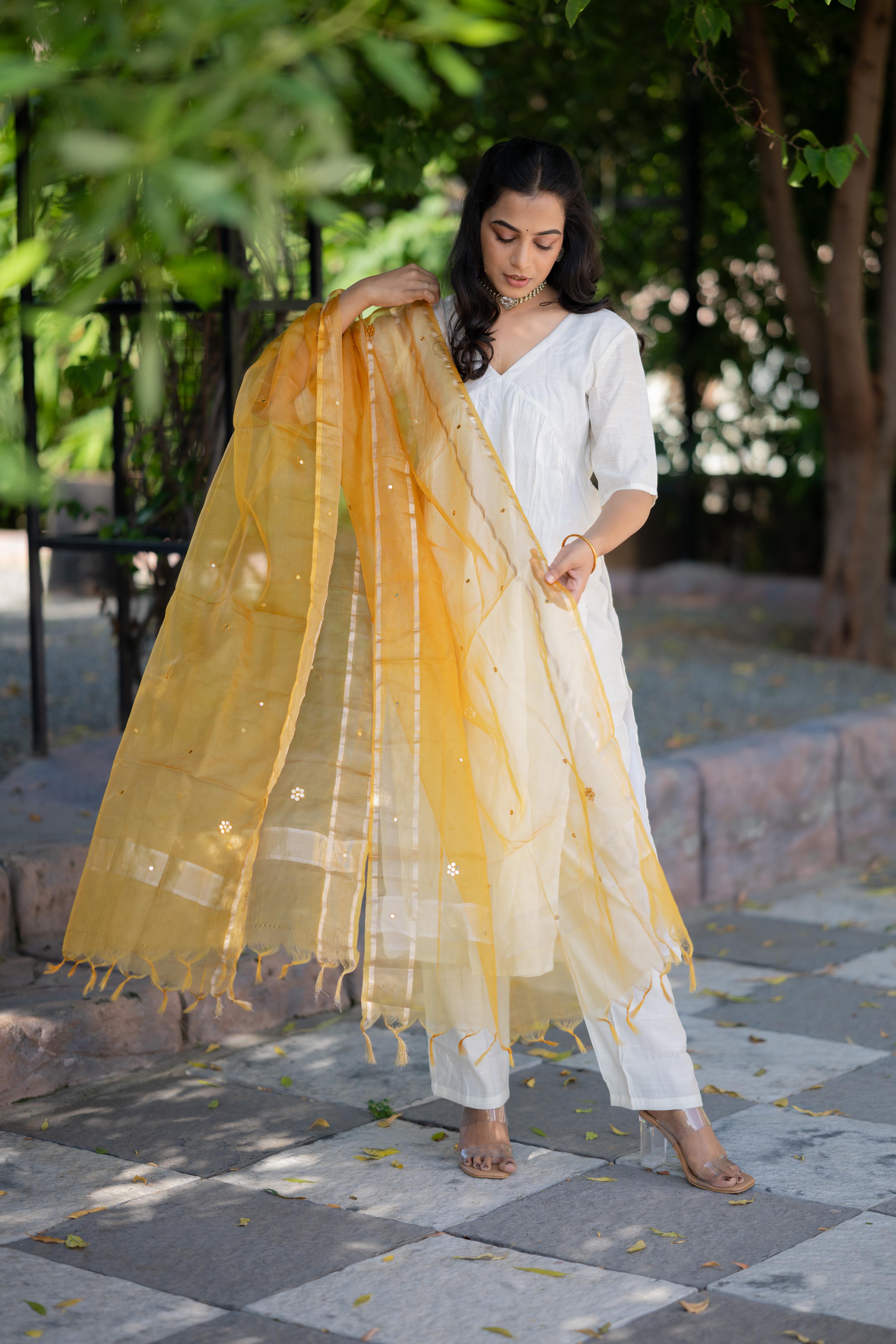 Aaradhitha - shimmer silk alia cut kurta set with organza silk dupatta with mirror work in cream & yellow