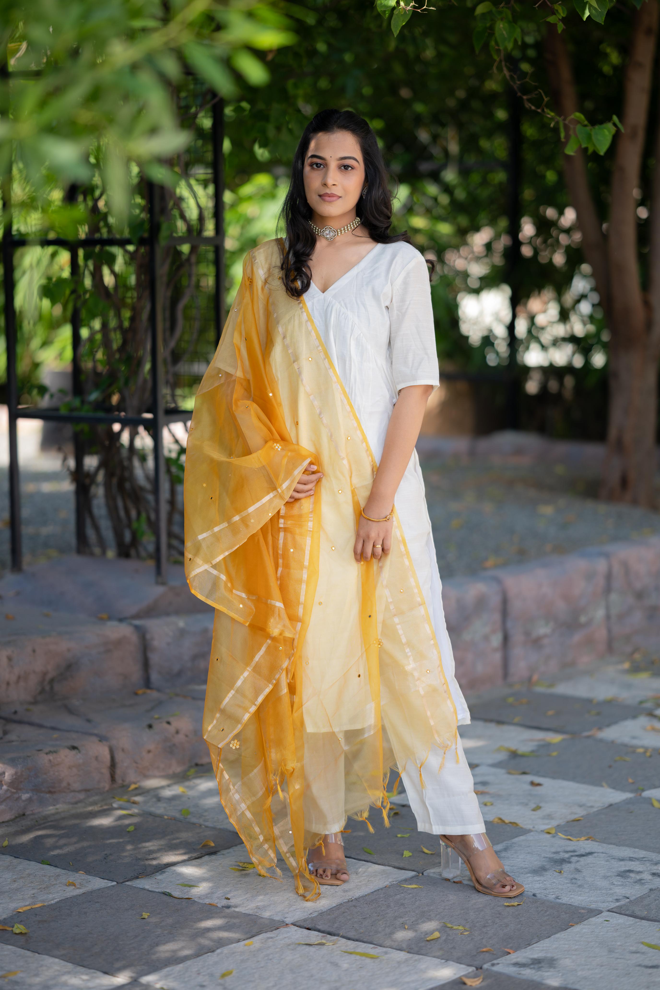 Aaradhitha - shimmer silk alia cut kurta set with organza silk dupatta with mirror work in cream & yellow