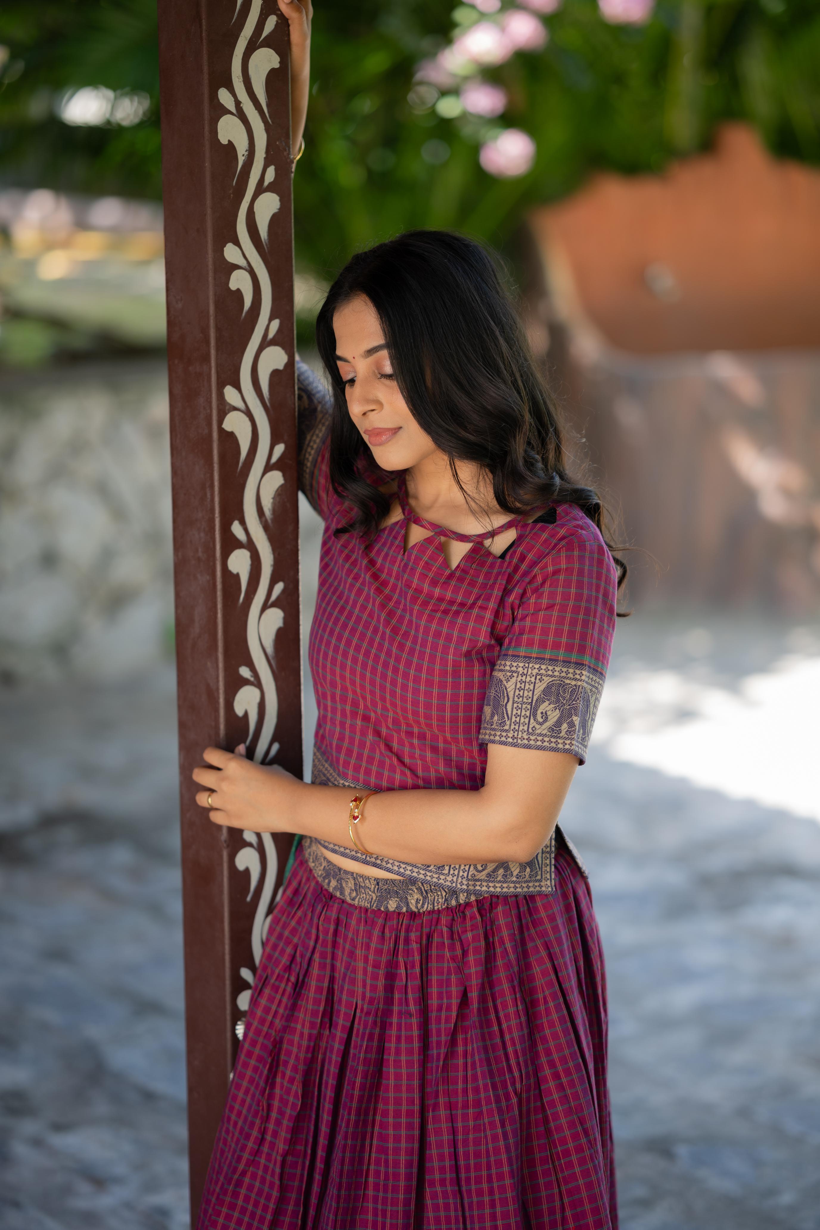 Tithira skirt set - handloom chettinad cotton skirt set in magenta and green with elephant border