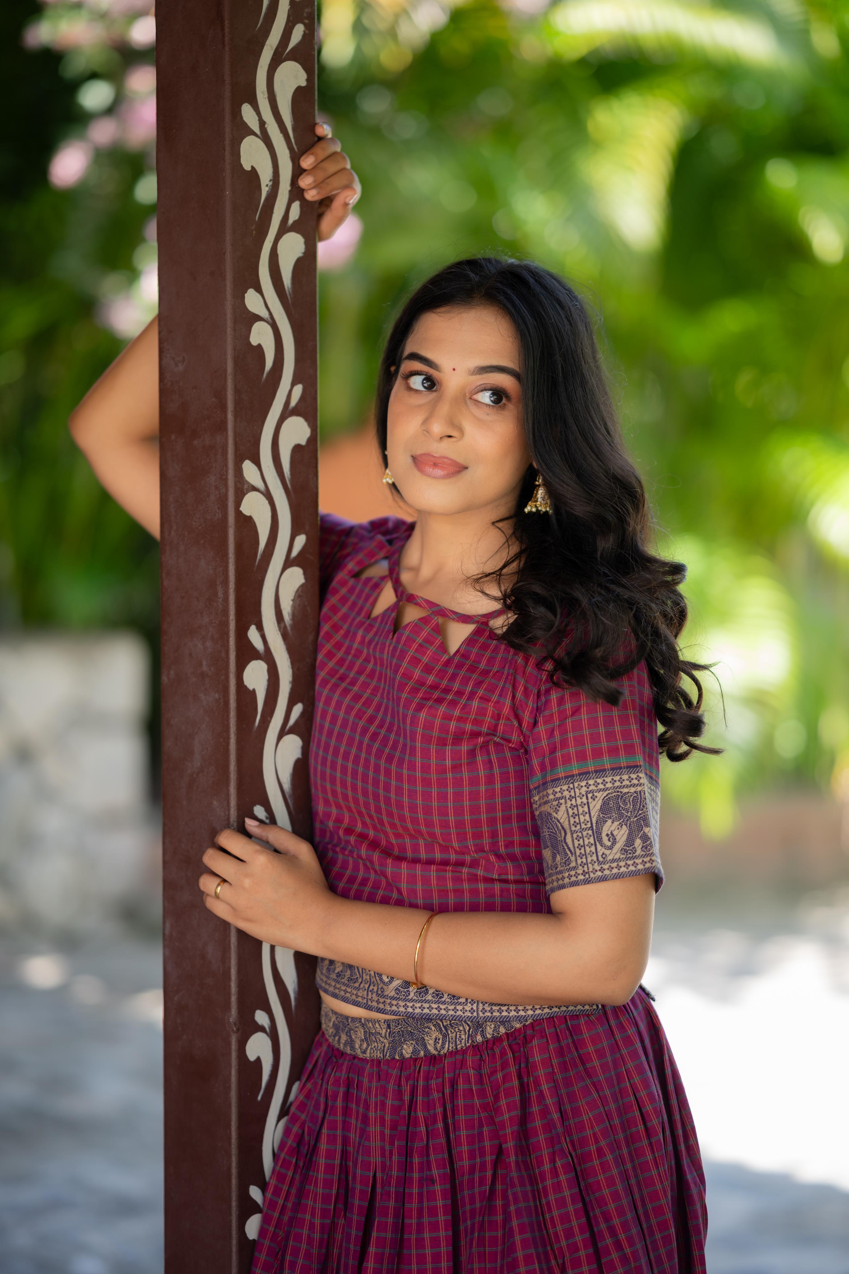 Tithira skirt set - handloom chettinad cotton skirt set in magenta and green with elephant border