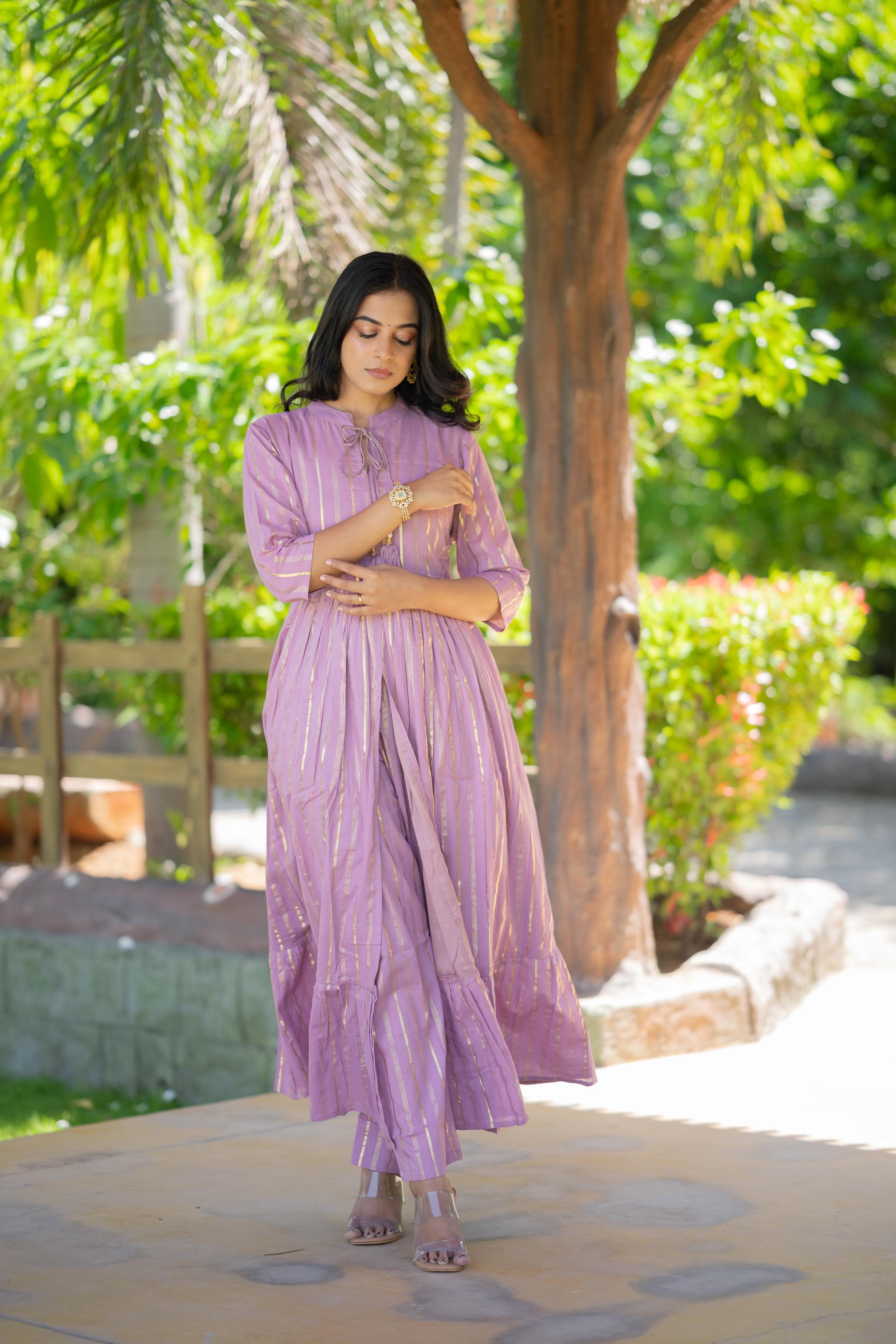 Ayra ( lilac ) - lurex cotton anarkali suit set in lilac colour