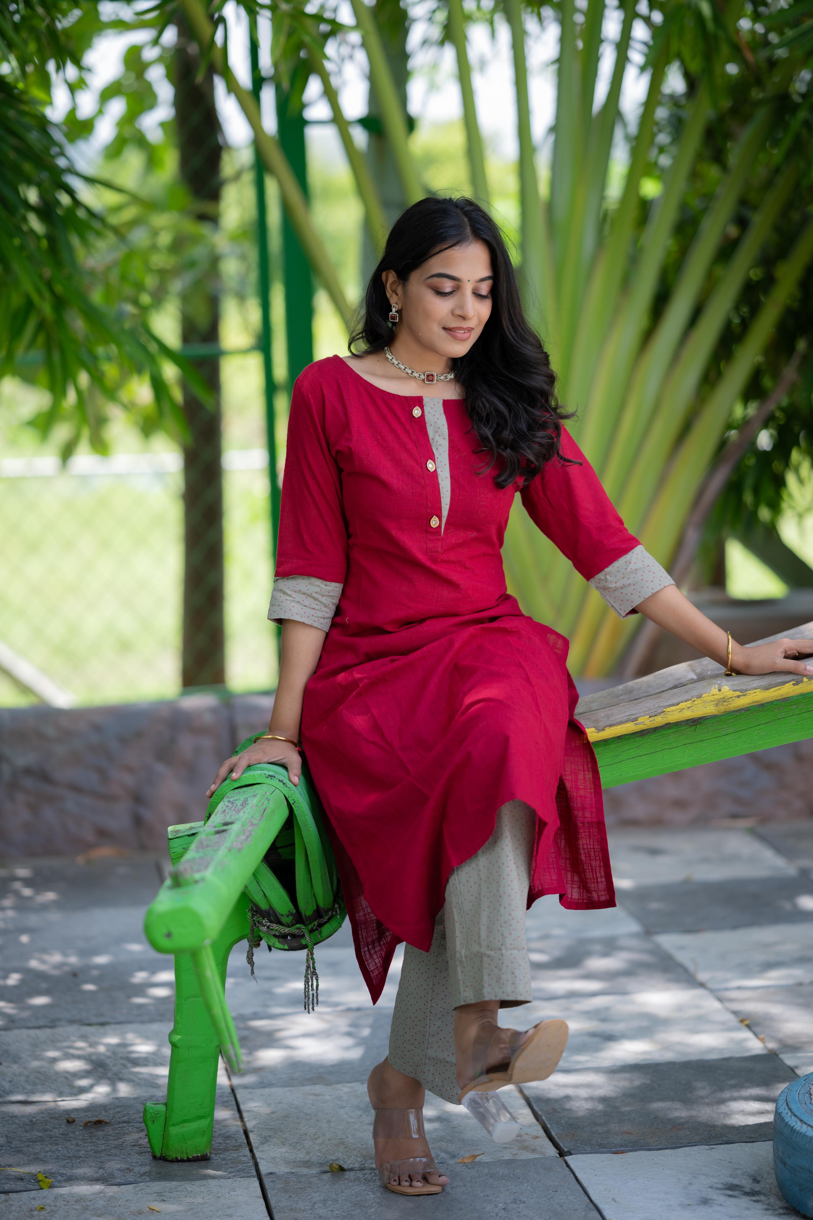 Abhikhya - handloom cotton kurta set in maroon and grey