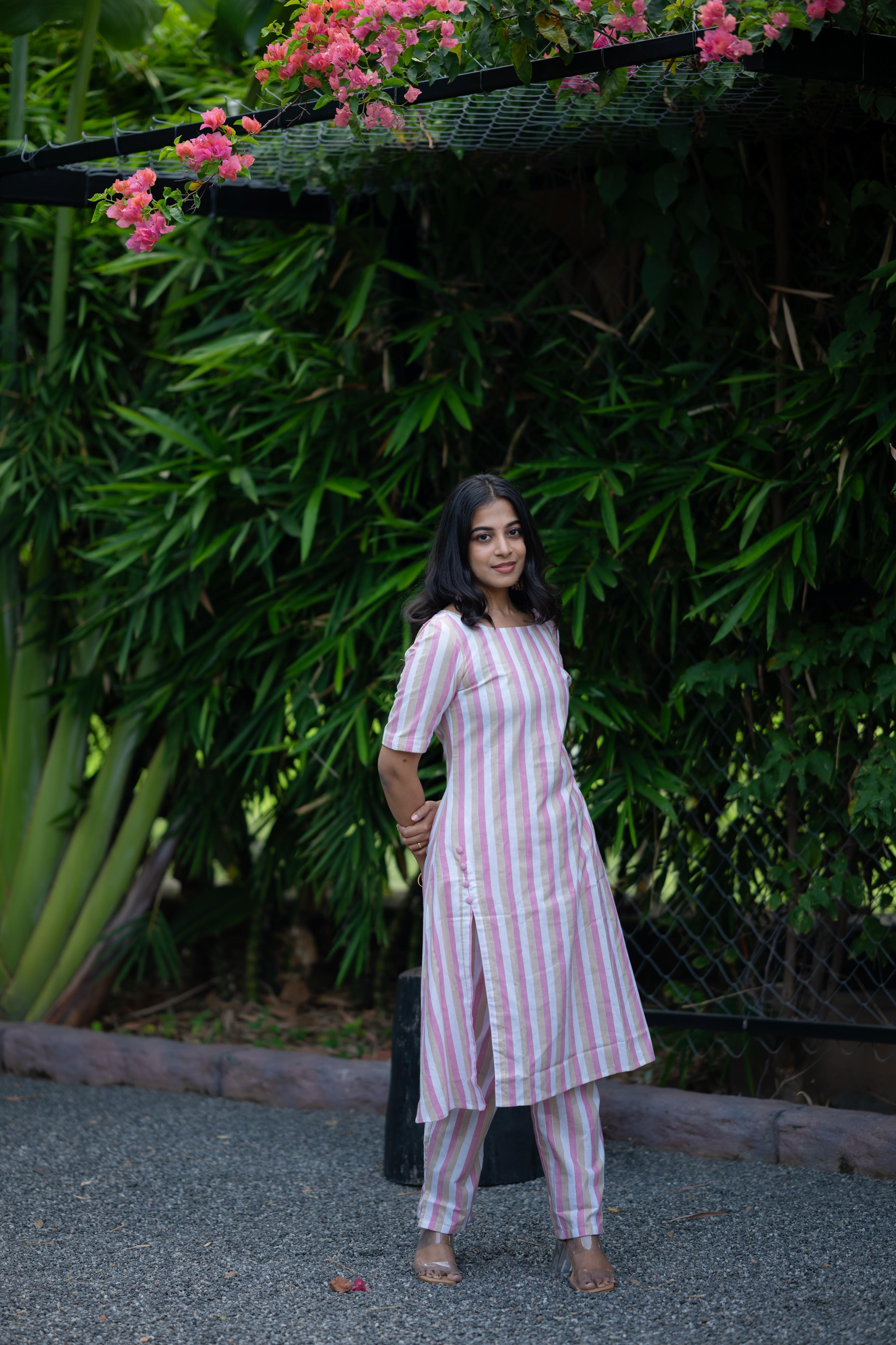 Taneira ( pink ) coord set - striped handloom cotton coord set with lurex lines