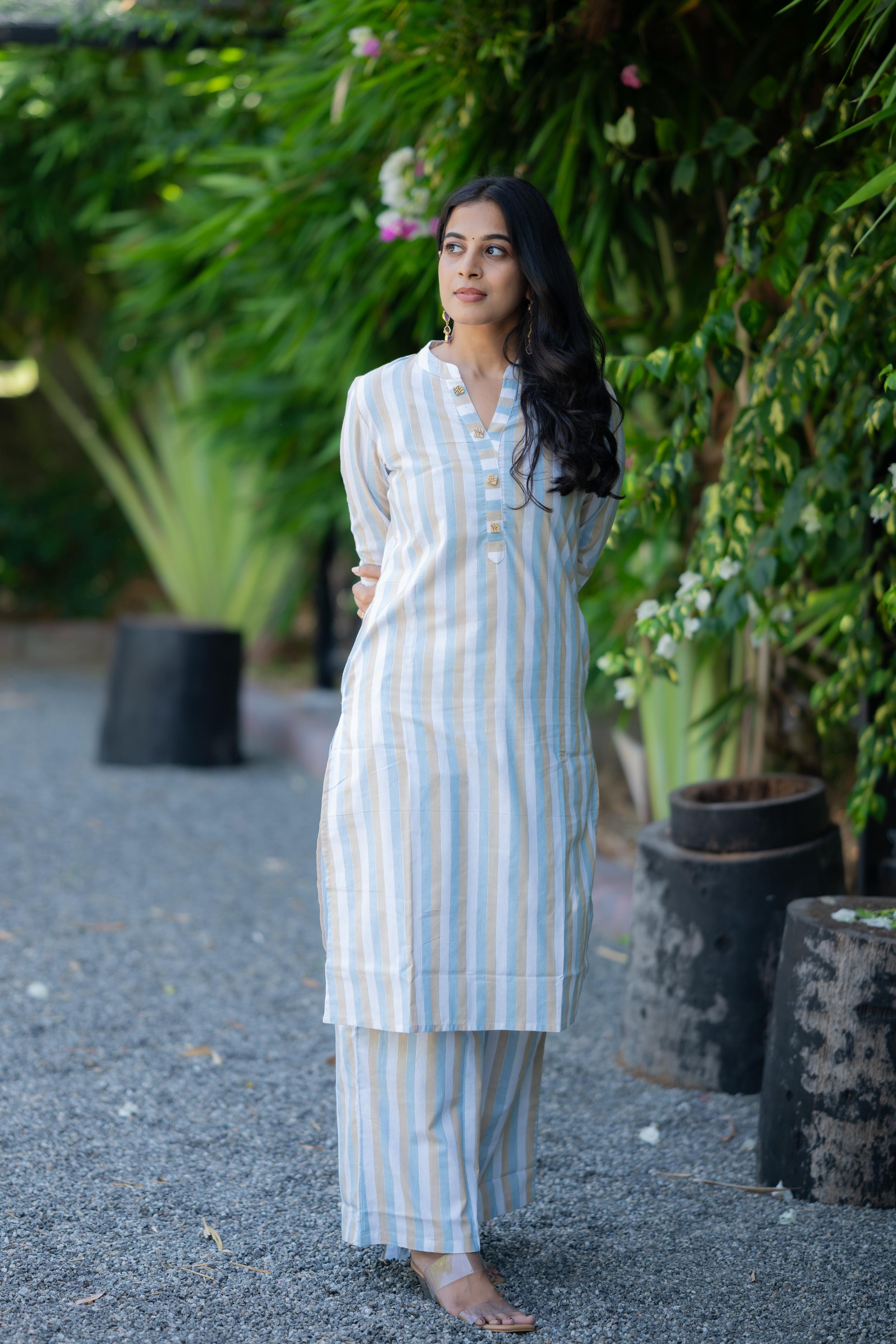 Taneira ( blue ) coord set - striped handloom cotton coord set with lurex lines