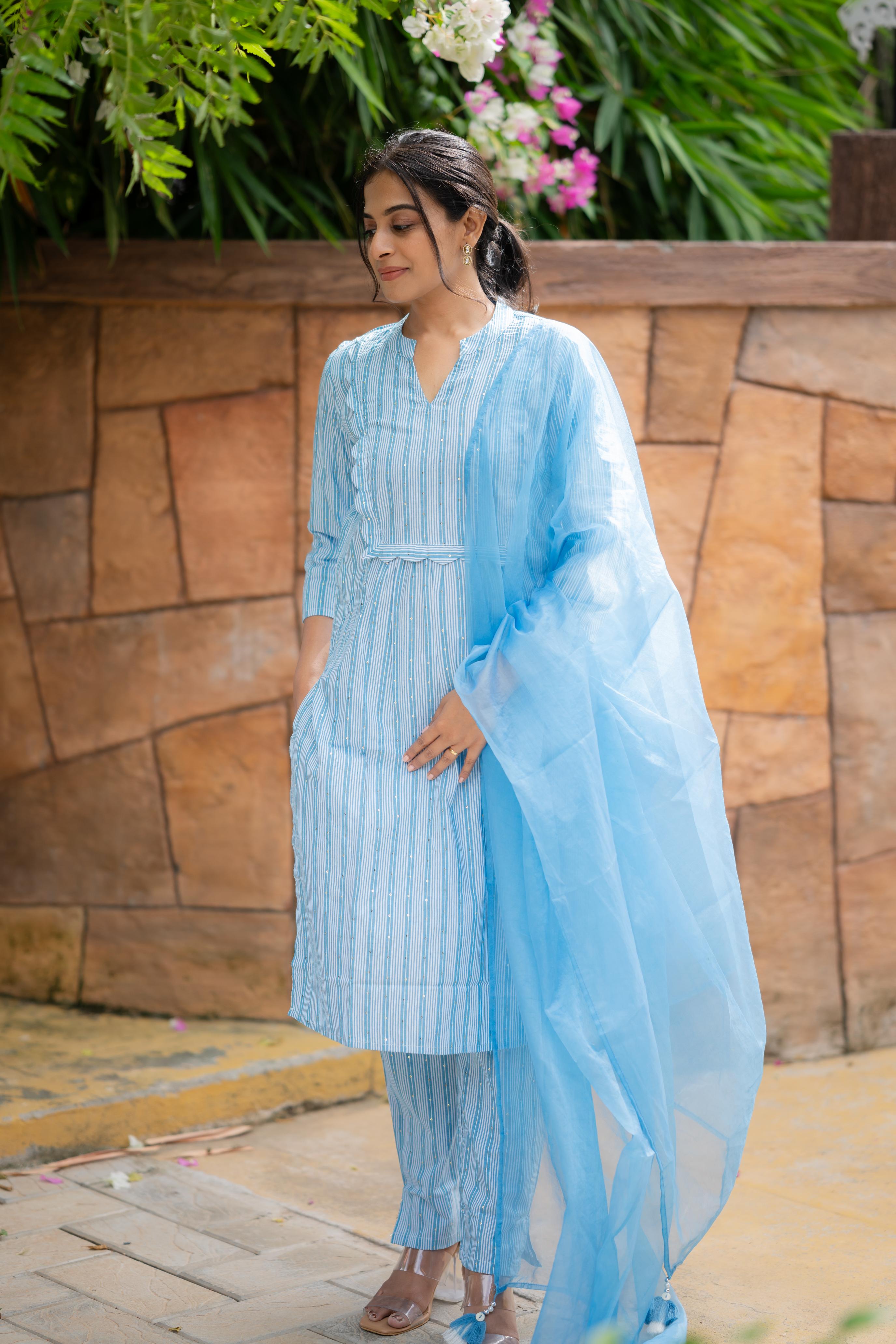 Tanisha - sky blue sequins handloom cotton kurta set with chiffon dupatta